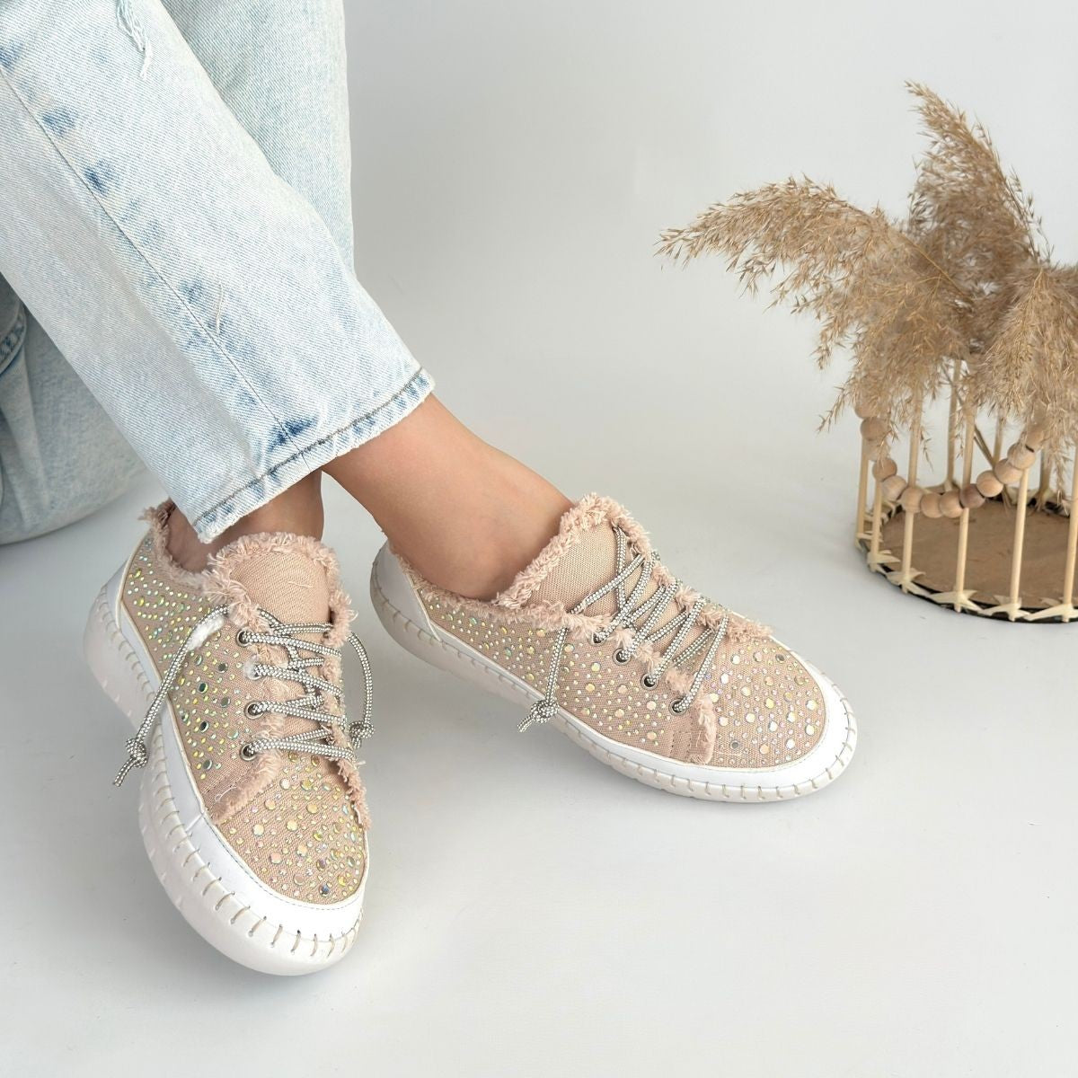 Women's Beige Denim Lace-Up Sneakers - STREETMODE ™