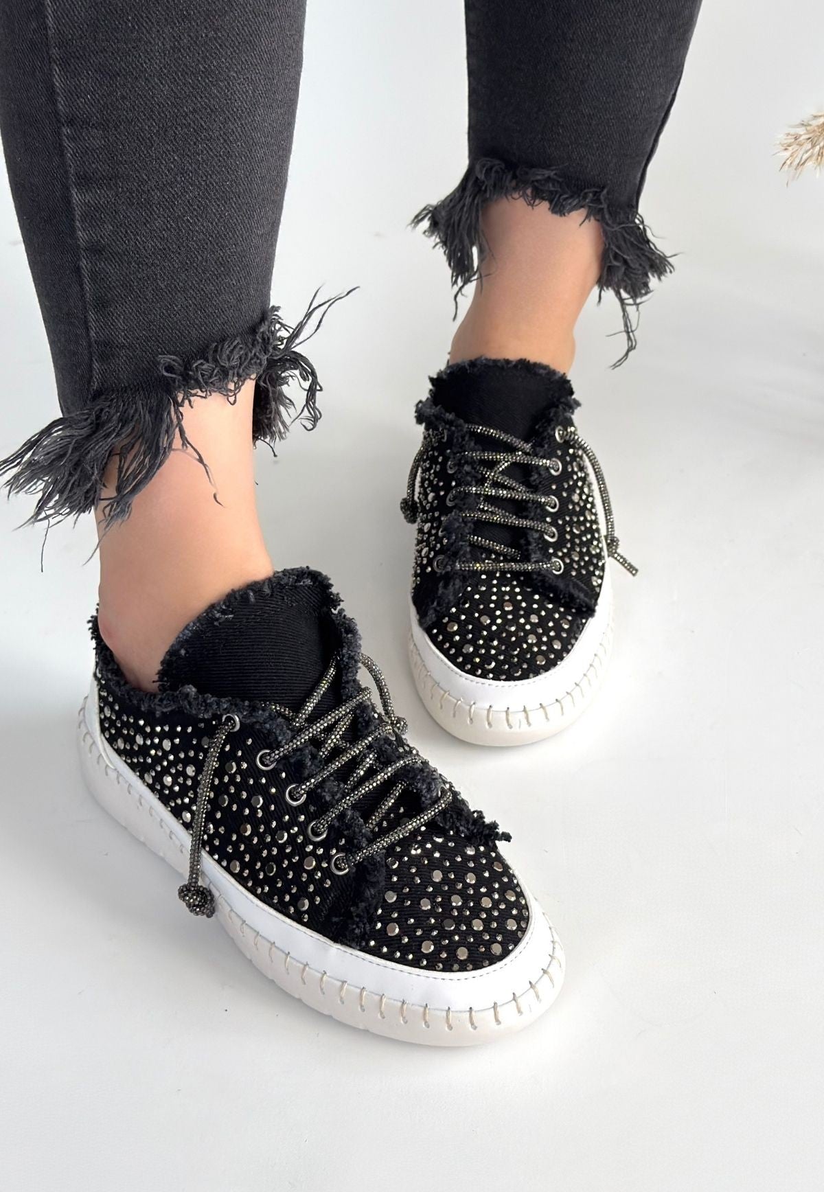Women's Black Denim Lace-Up Sneakers - STREETMODE ™