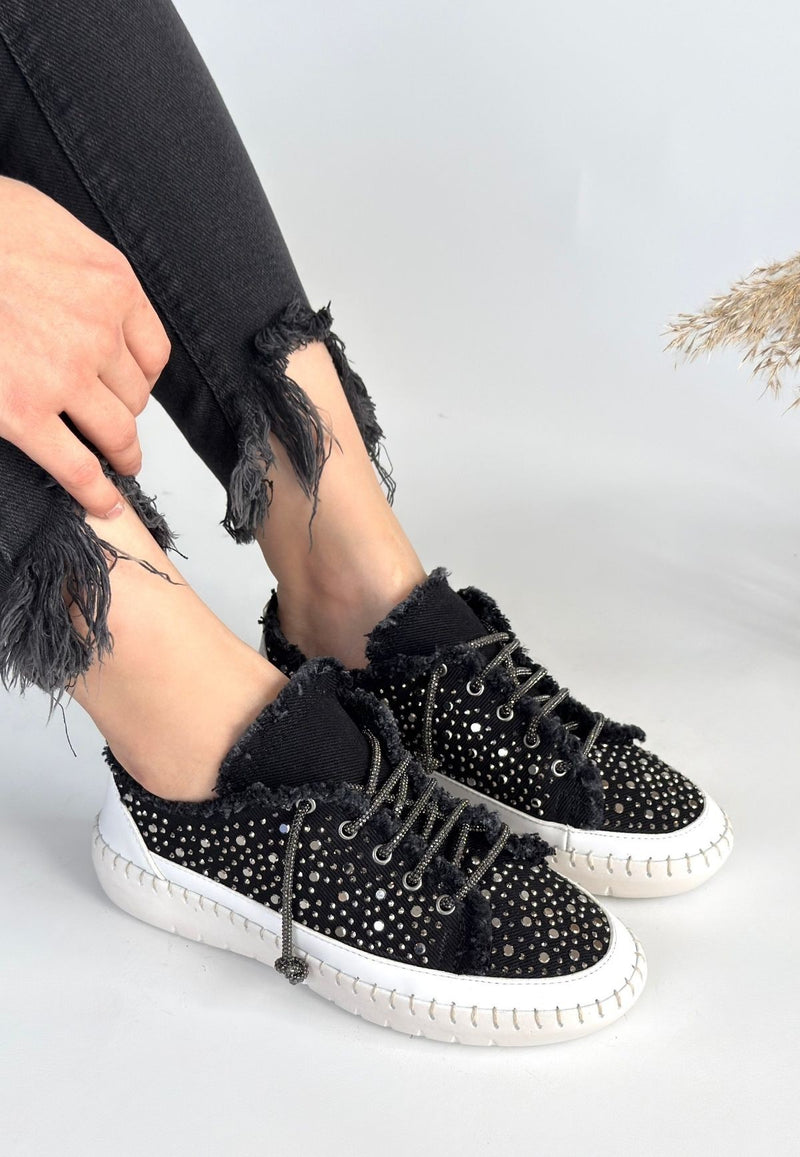 Women's Black Denim Lace-Up Sneakers - STREETMODE ™