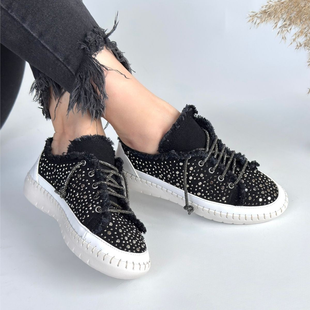 Women's Black Denim Lace-Up Sneakers - STREETMODE ™