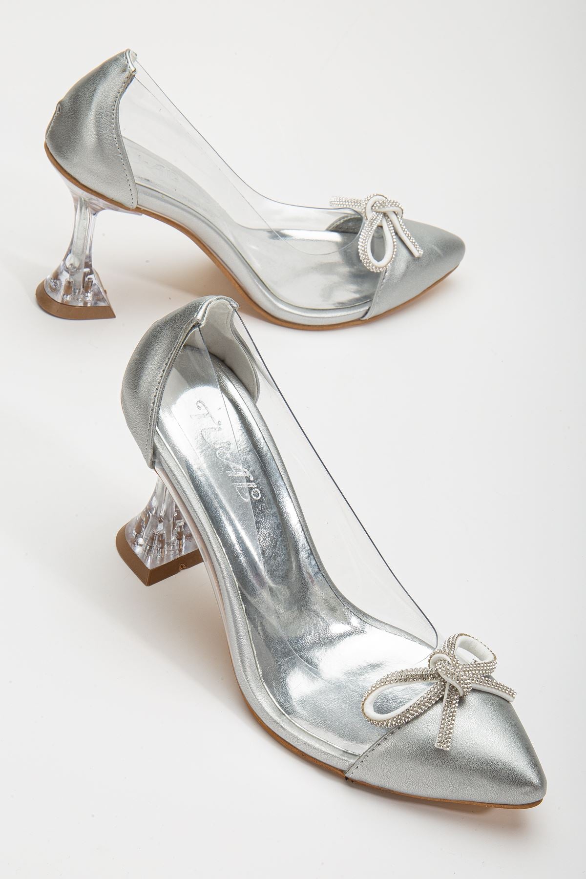 Women's Silver Stiletto Stone Skin Transparent Heeled Shoes - STREETMODE ™