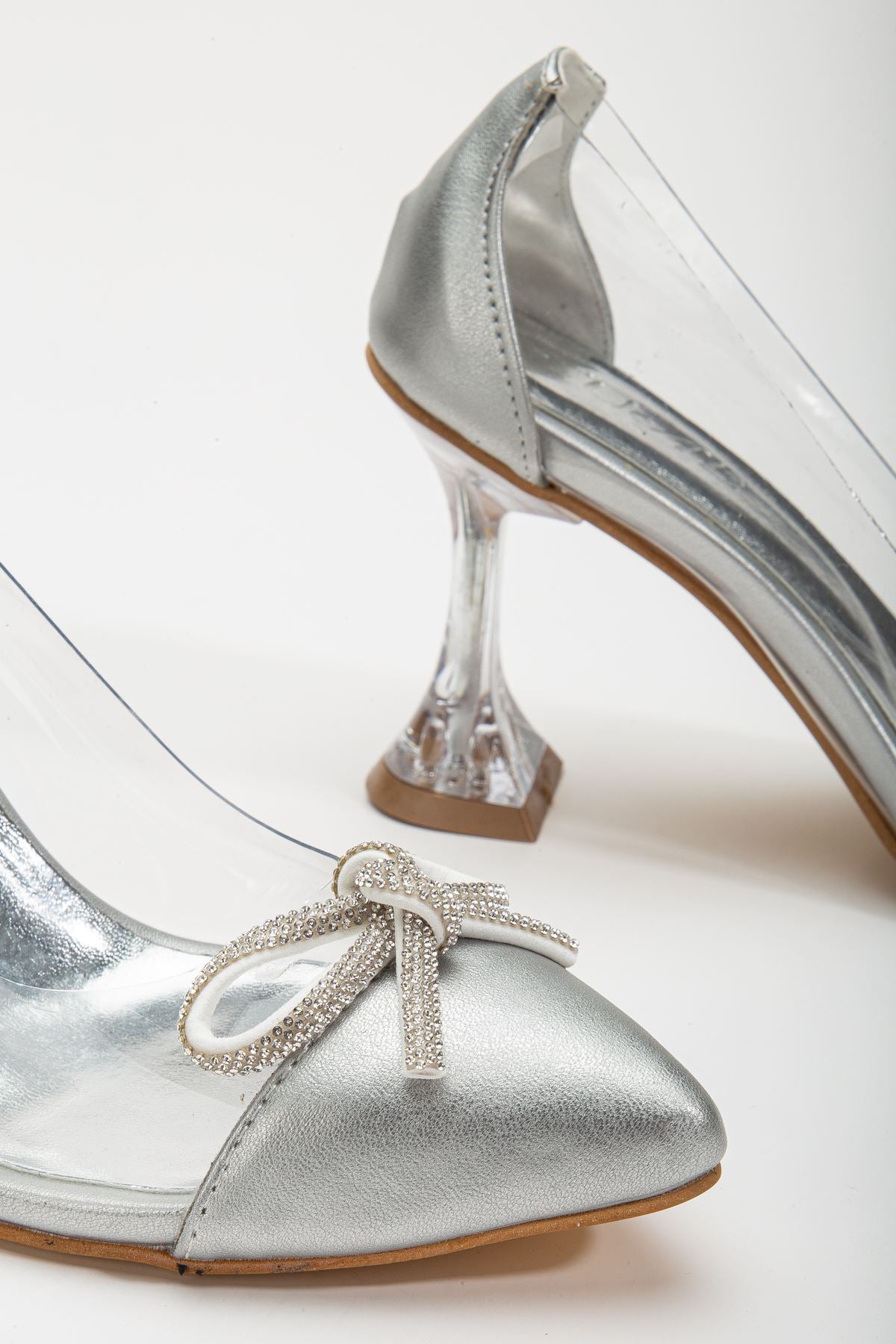 Women's Silver Stiletto Stone Skin Transparent Heeled Shoes - STREETMODE ™