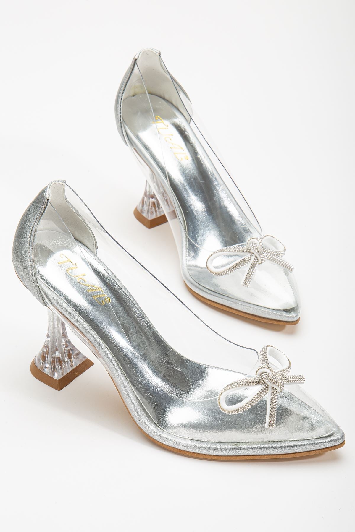 Women's Silver Stiletto Stone Transparent Heeled Shoes - STREETMODE ™