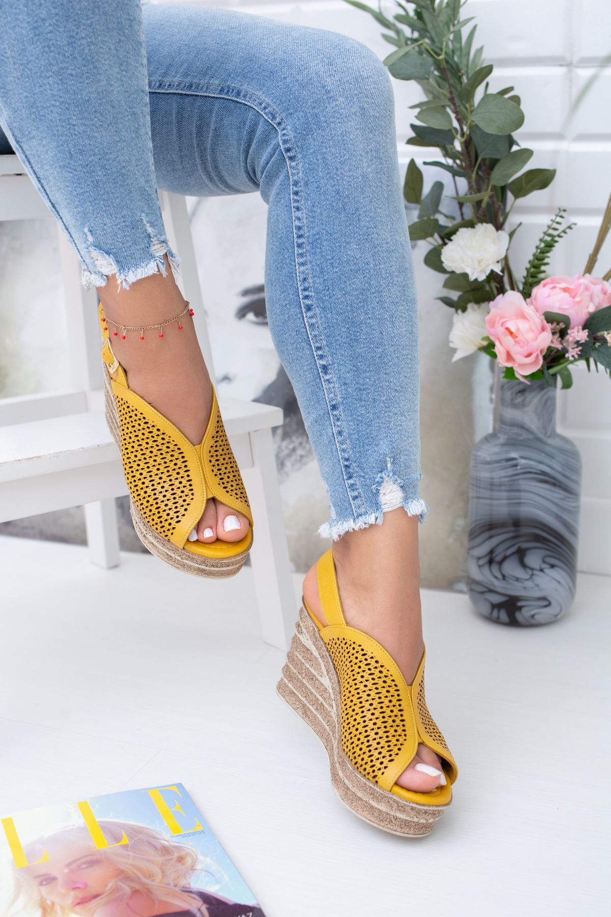 Women's Genuine Leather Yellow Wedge Heel Sandals - STREETMODE ™