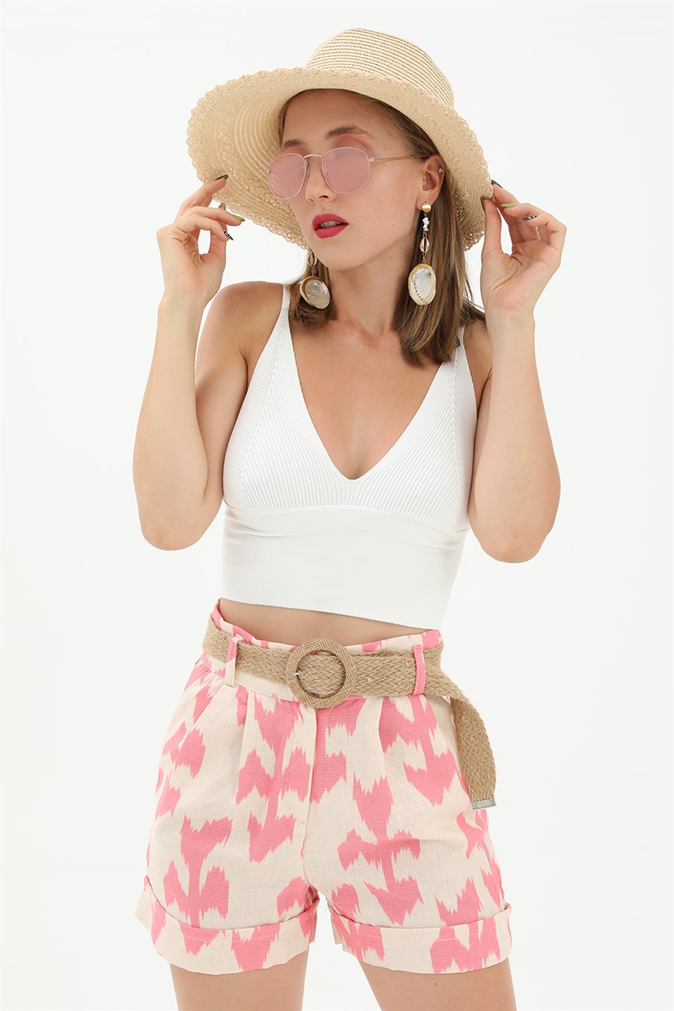 Women's Straw Belt Printed Linen Shorts - Pink - STREETMODE ™