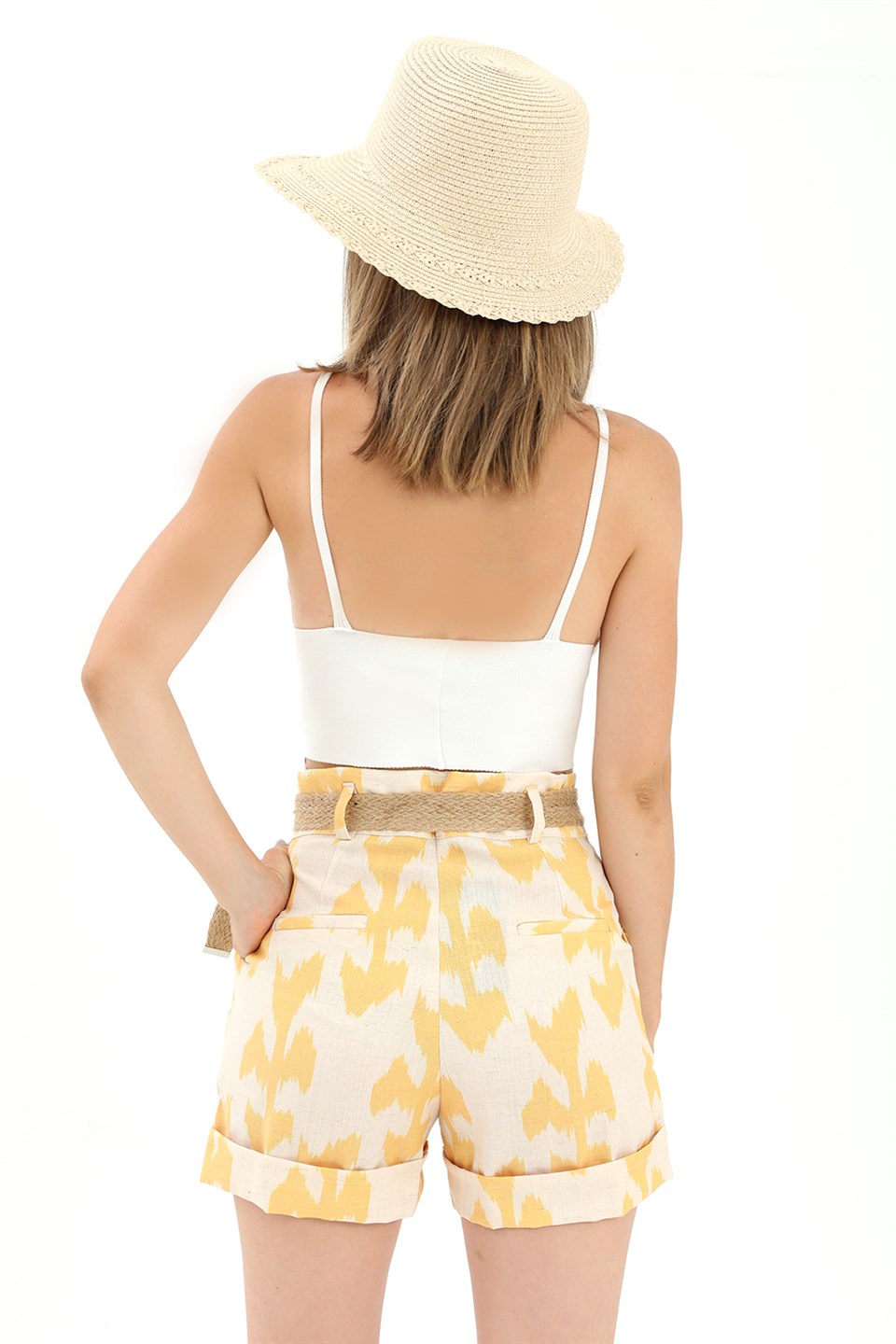Women's Straw Belt Printed Linen Shorts - Yellow - STREET MODE ™