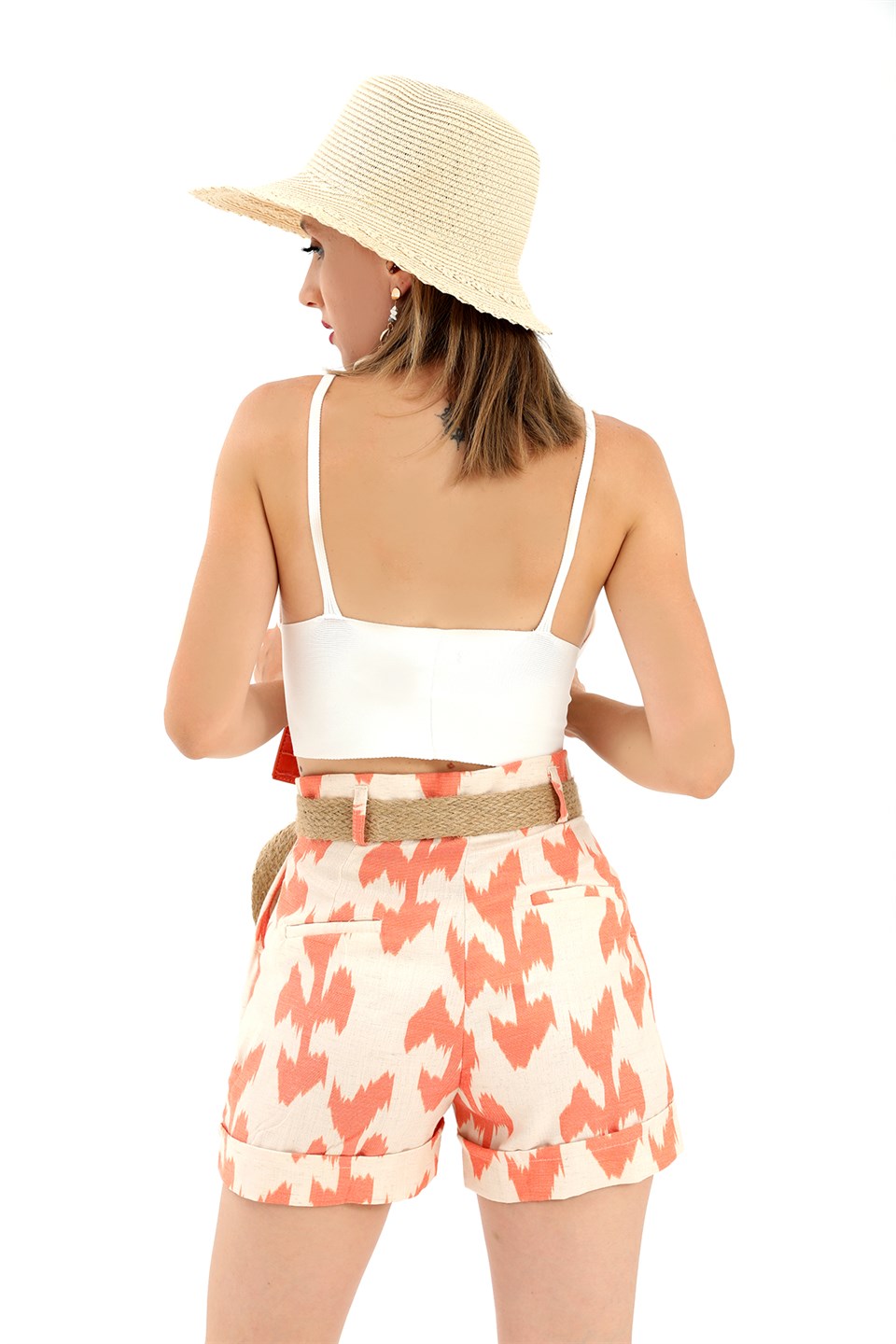Women's Straw Belt Printed Linen Shorts - Orange - STREET MODE ™