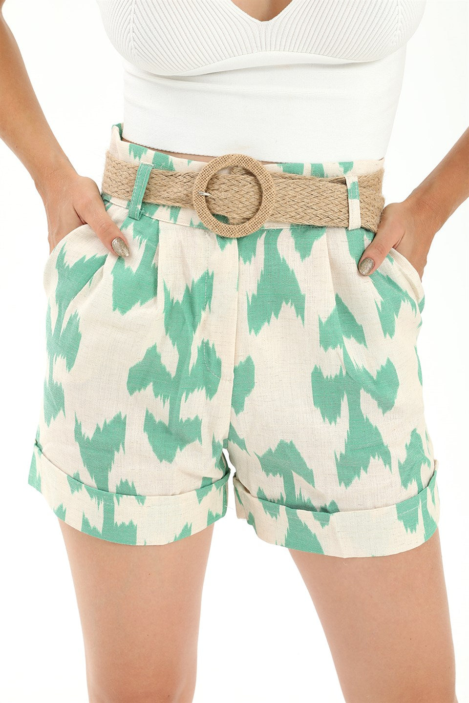 Women's Straw Belt Printed Linen Shorts - Green - STREET MODE ™