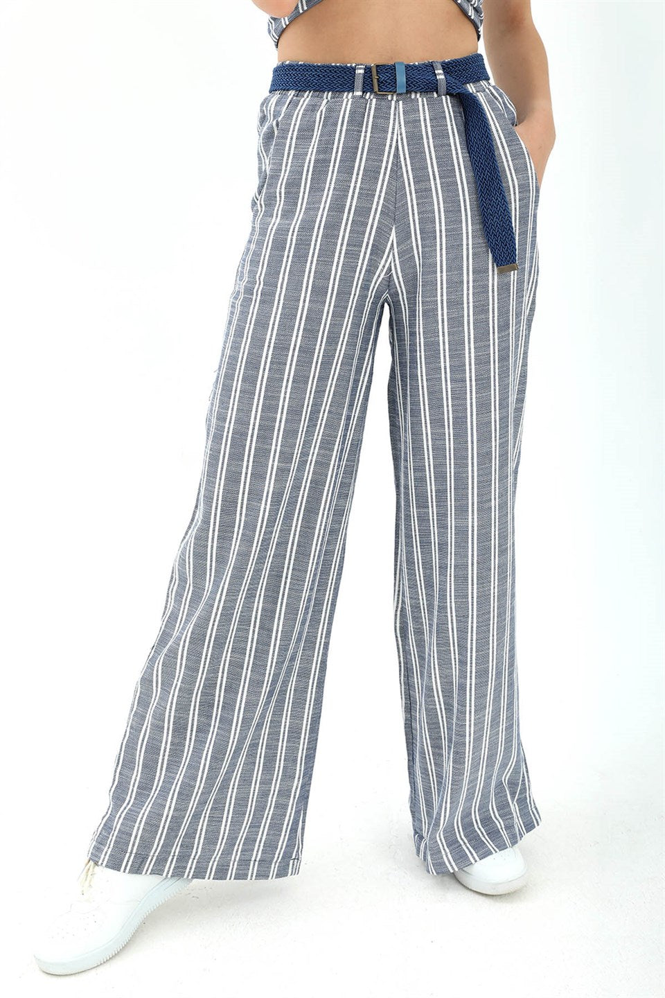 Women's Straw Belt Striped Linen Trousers - Indigo - STREET MODE ™