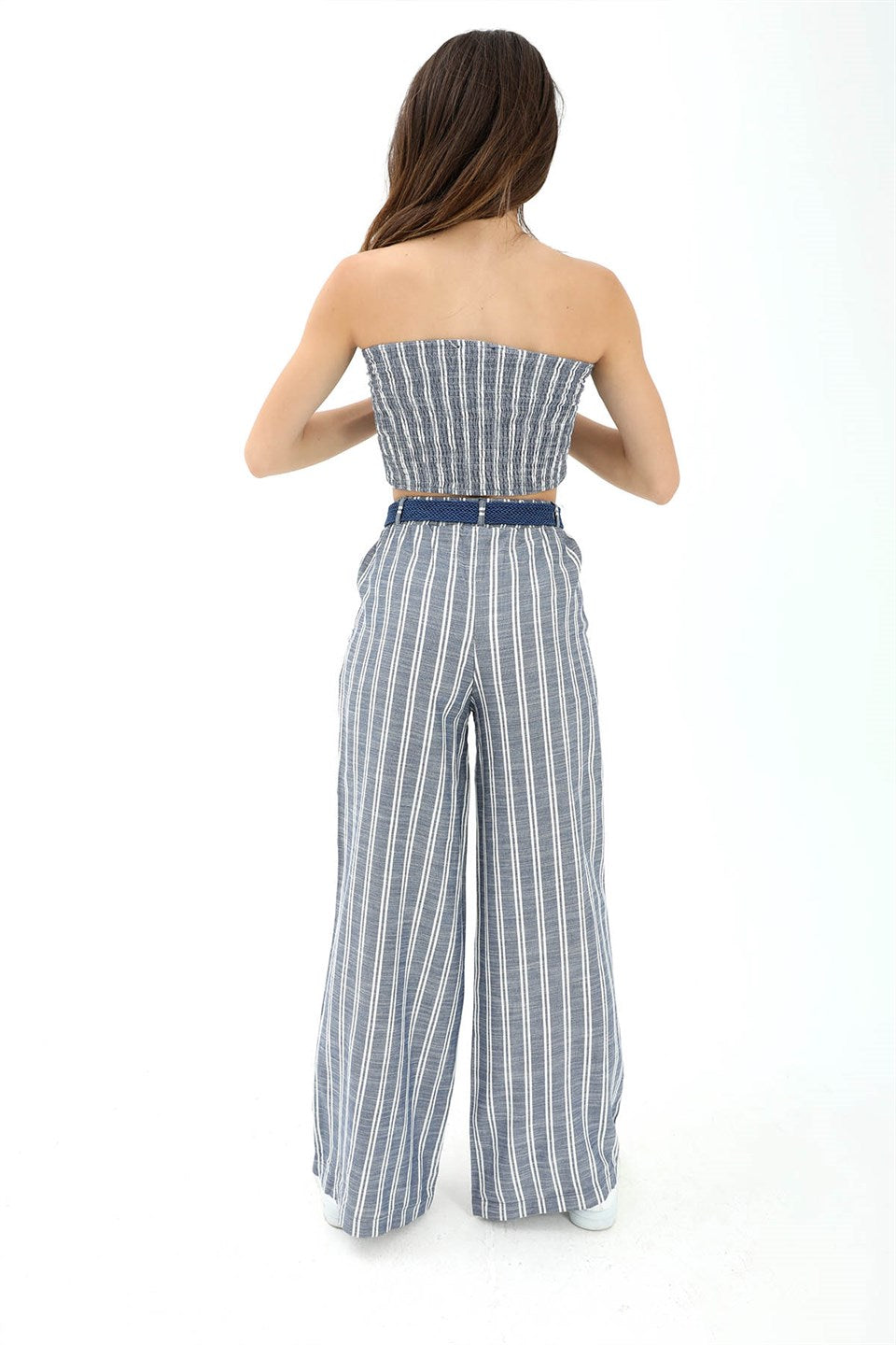 Women's Straw Belt Striped Linen Trousers - Indigo - STREET MODE ™