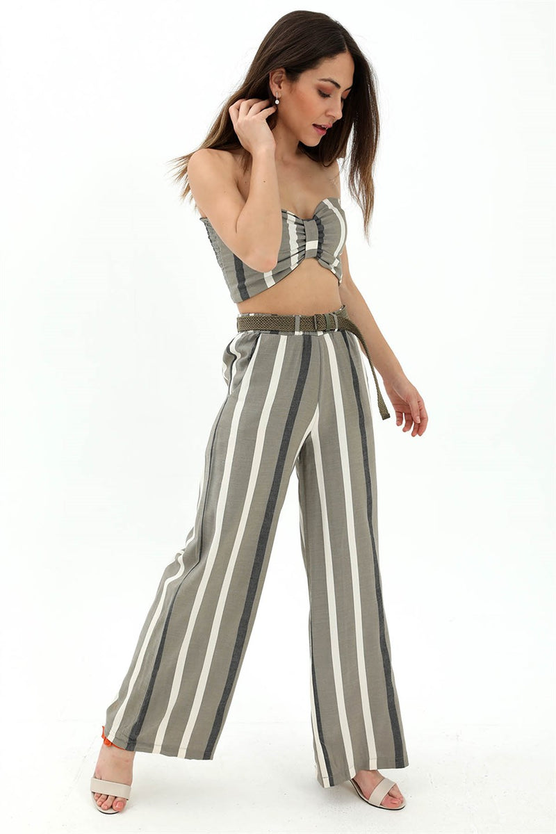 Women's Straw Belt Striped Linen Trousers - Green - STREET MODE ™