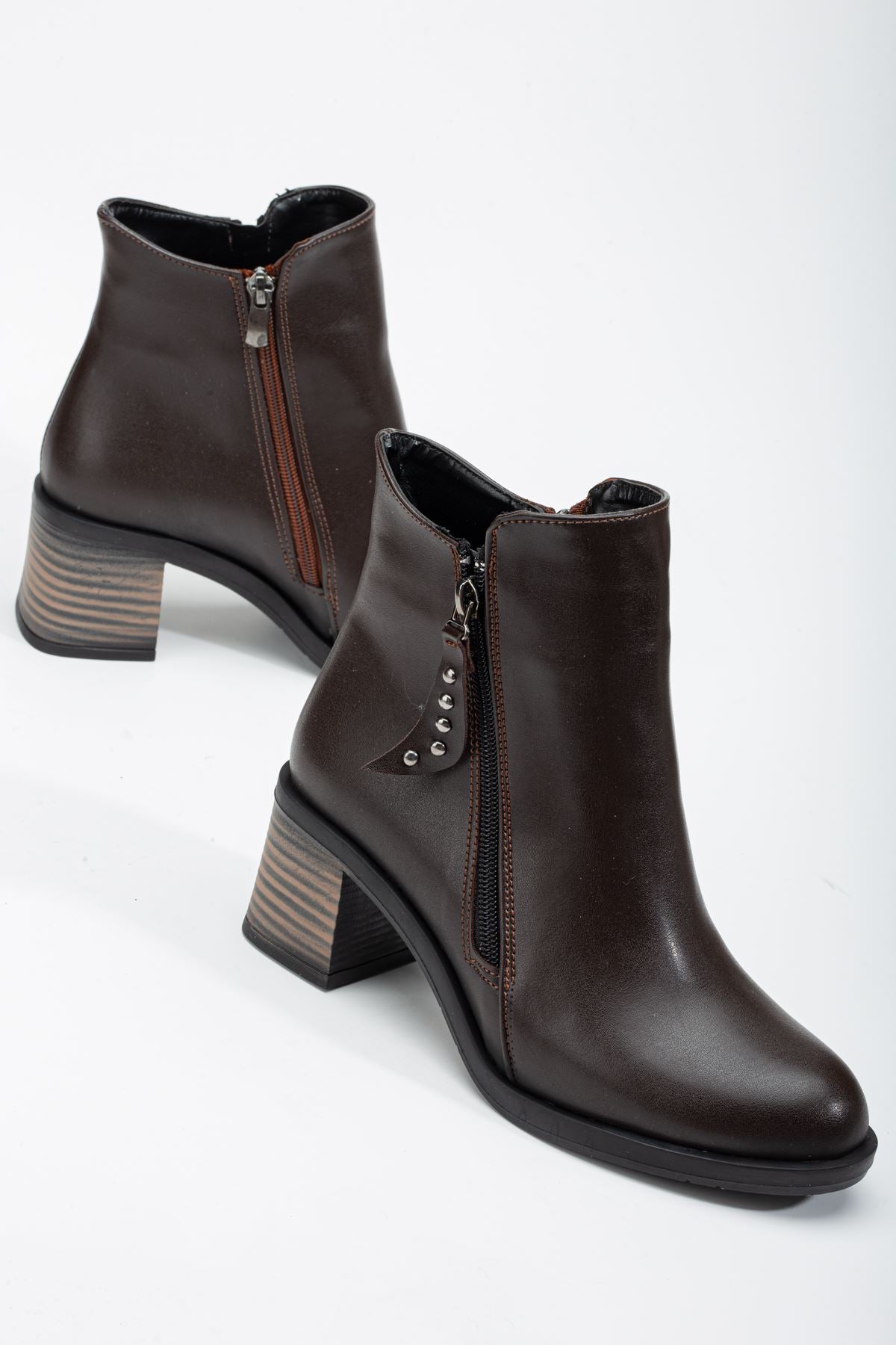 Heeled Dark Brown Double Zipper Women's Boots - STREETMODE ™