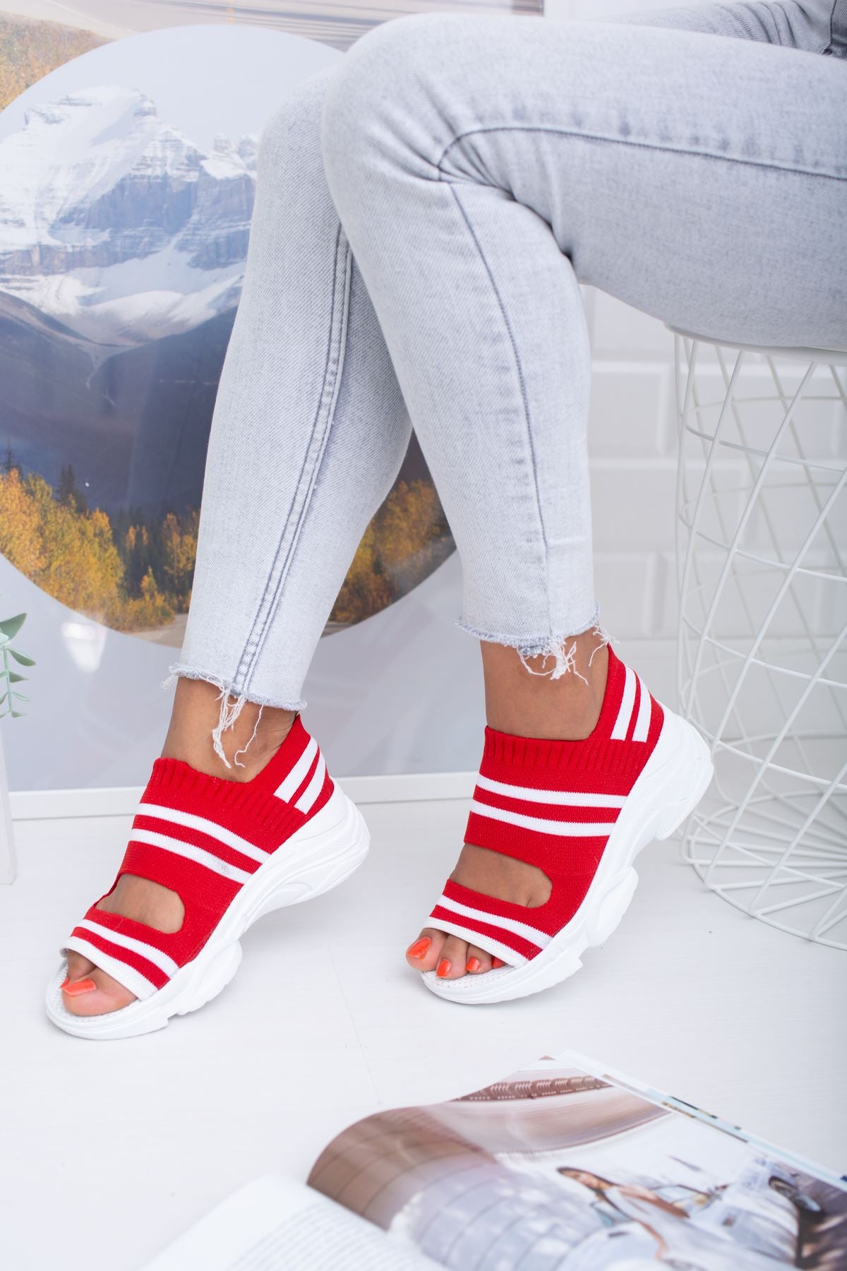 Women's Hera Red White Knitwear Sneakers - STREETMODE ™