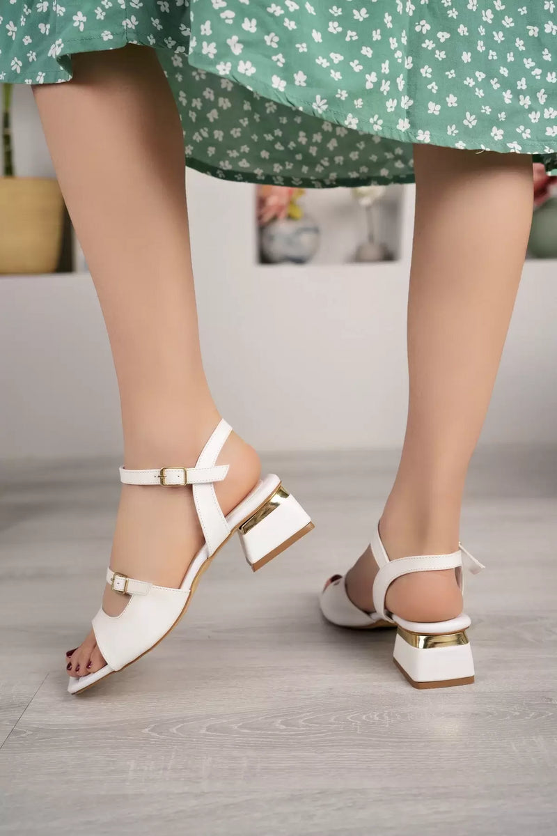 White Heeled Double Buckle Women's Sandals - STREETMODE ™
