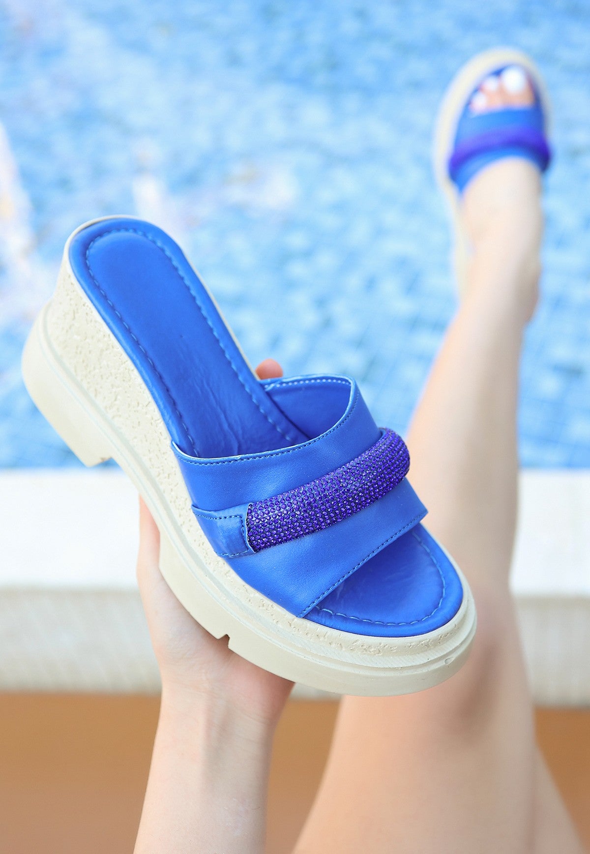 Women's Hezel Navy Blue Wedge Heel Slippers