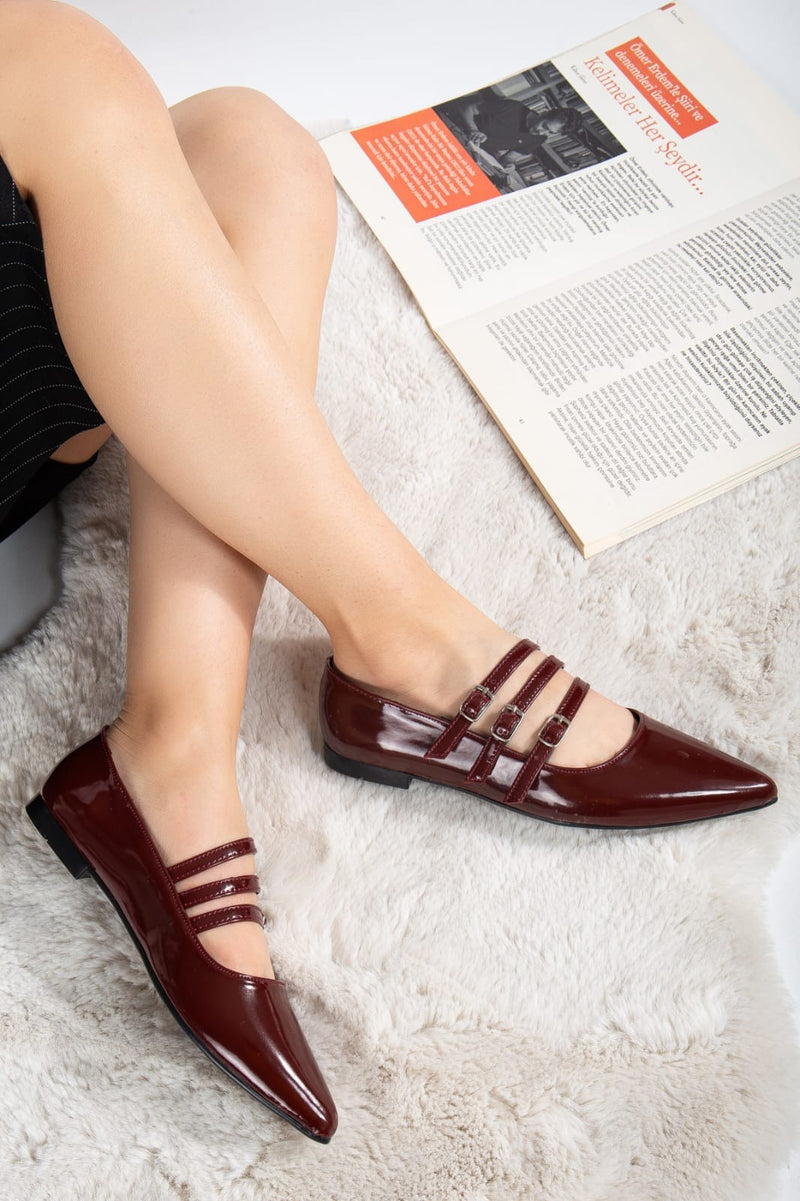 Women's Hoppe Burgundy Patent Leather Ballerina Shoes - STREETMODE ™