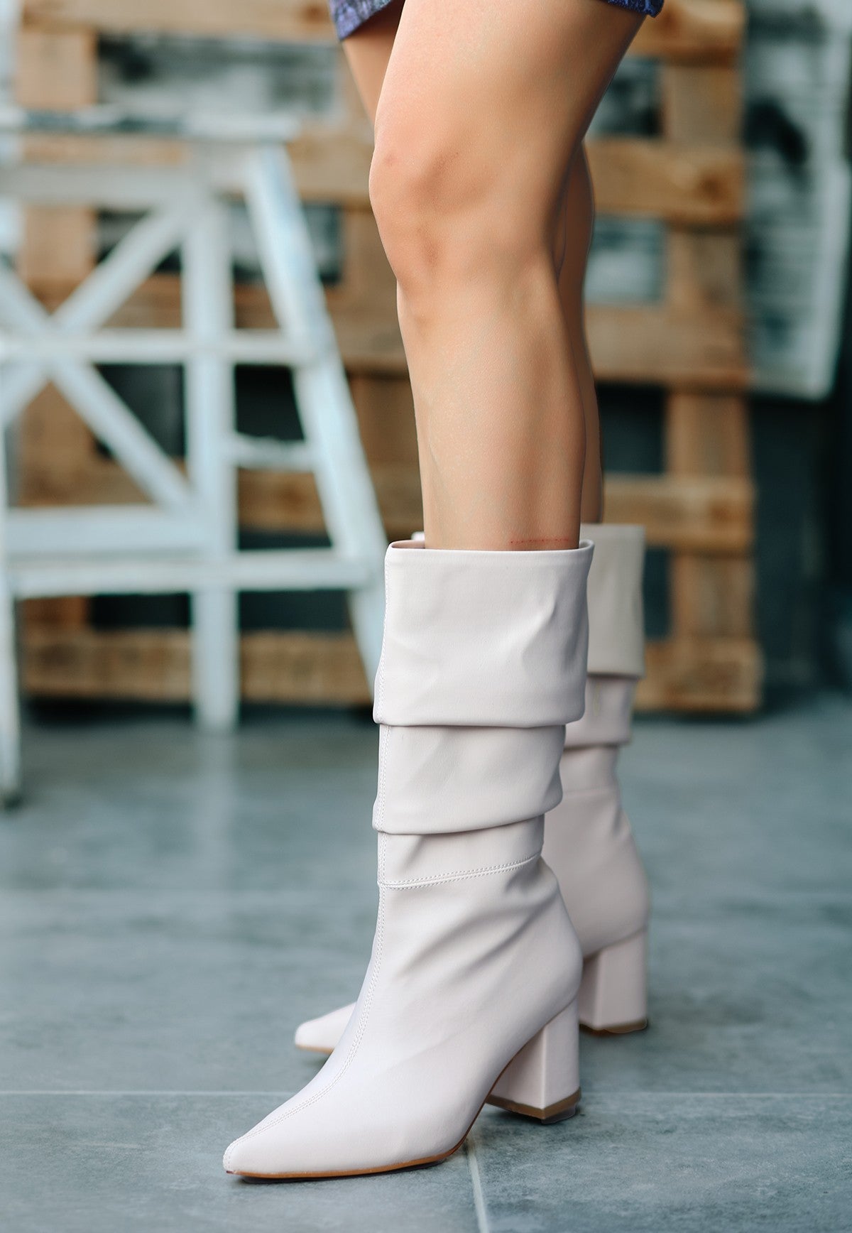 Women's İdox Beige Leather Heeled Boots - STREETMODE ™