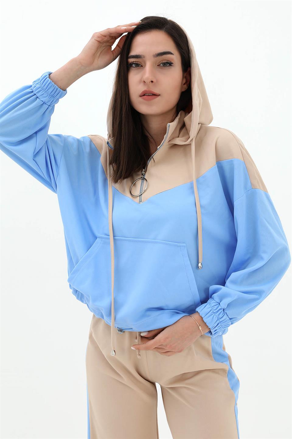 Women's Two Color Atlas Fabric Tracksuit Set - Blue - STREETMODE ™