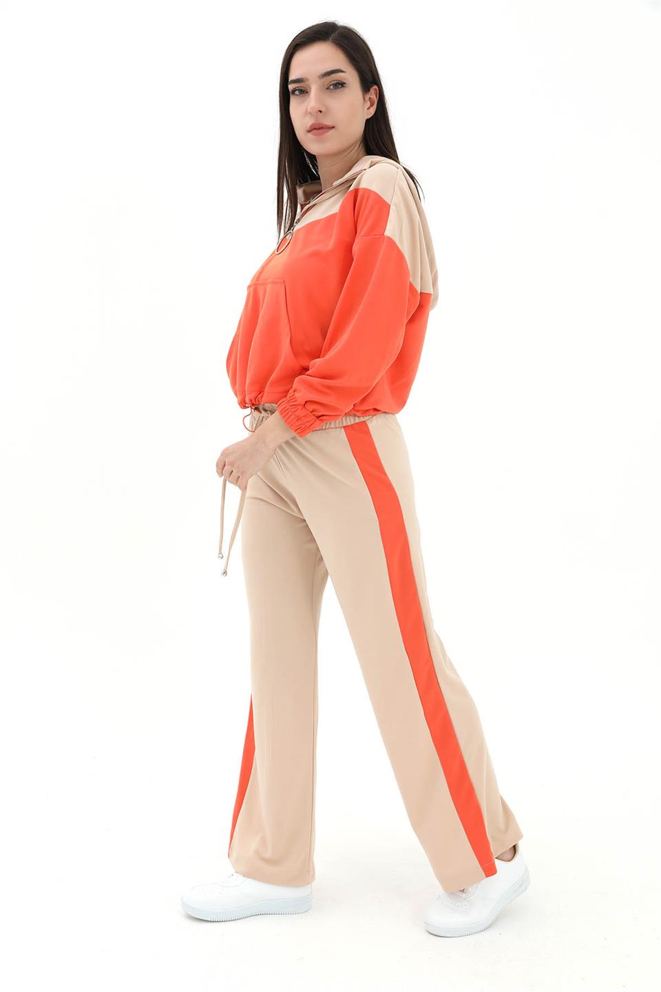Women's Two Color Atlas Fabric Tracksuit Set - Orange - STREETMODE ™