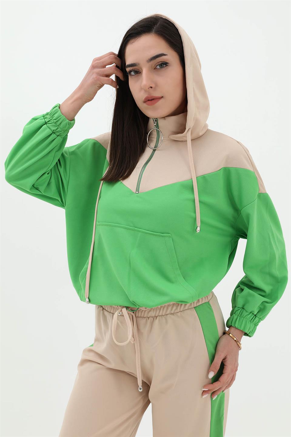 Women's Two Color Atlas Fabric Tracksuit Set - Green - STREETMODE ™
