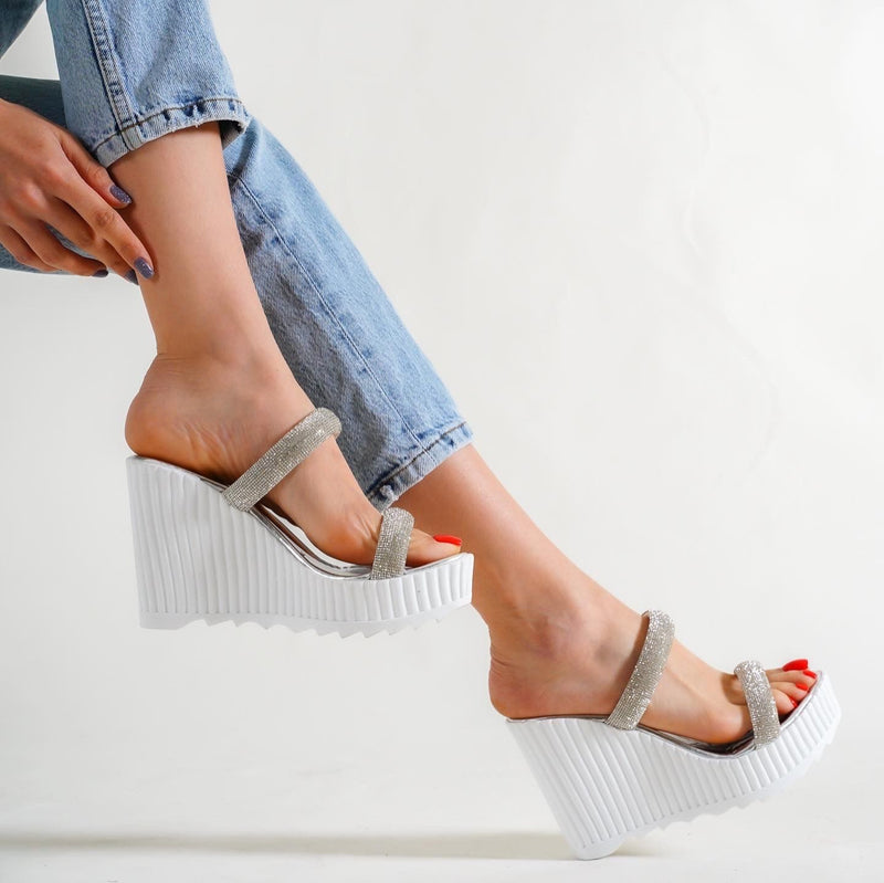 Women's Ivana White Bead Embroidered Wedge Heel Slippers - STREETMODE ™