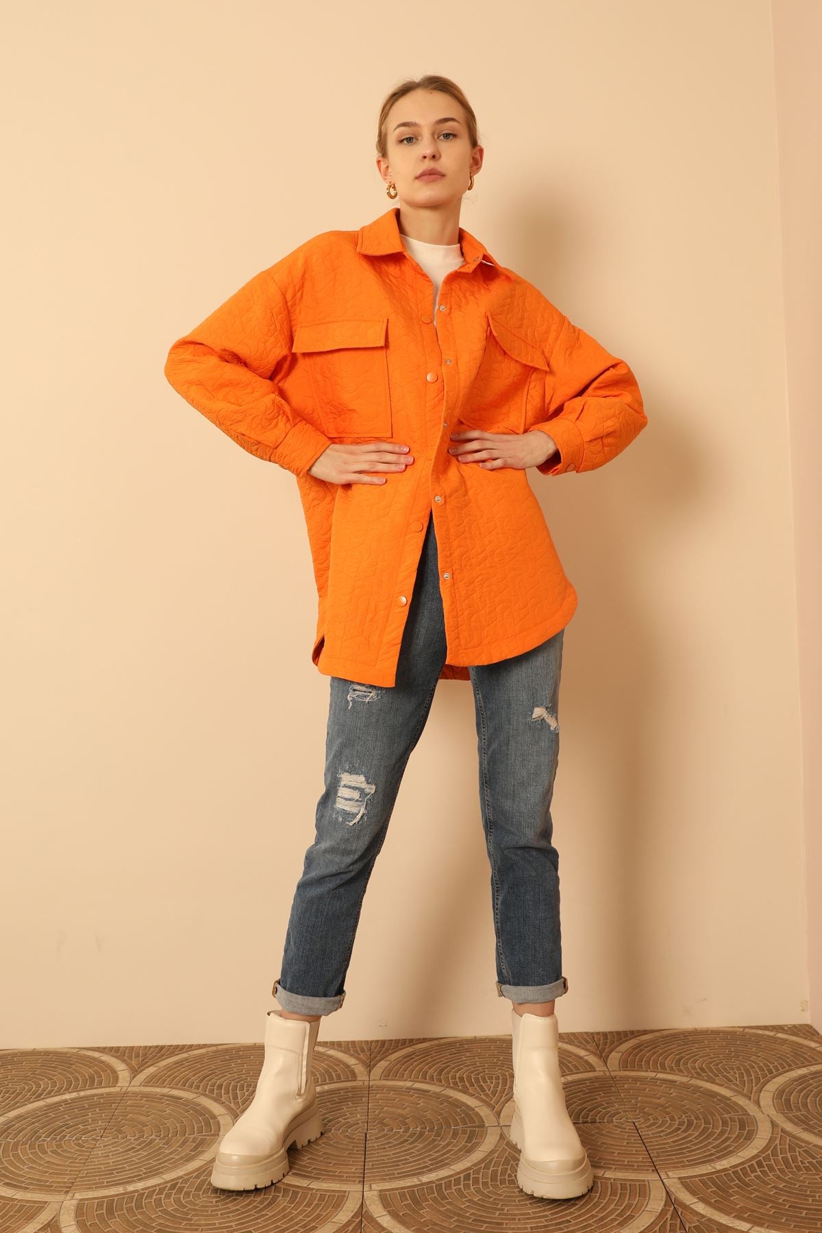 Jacquard Fabric Geometric Pattern Oversize Women's Shirt-Orange - STREETMODE ™