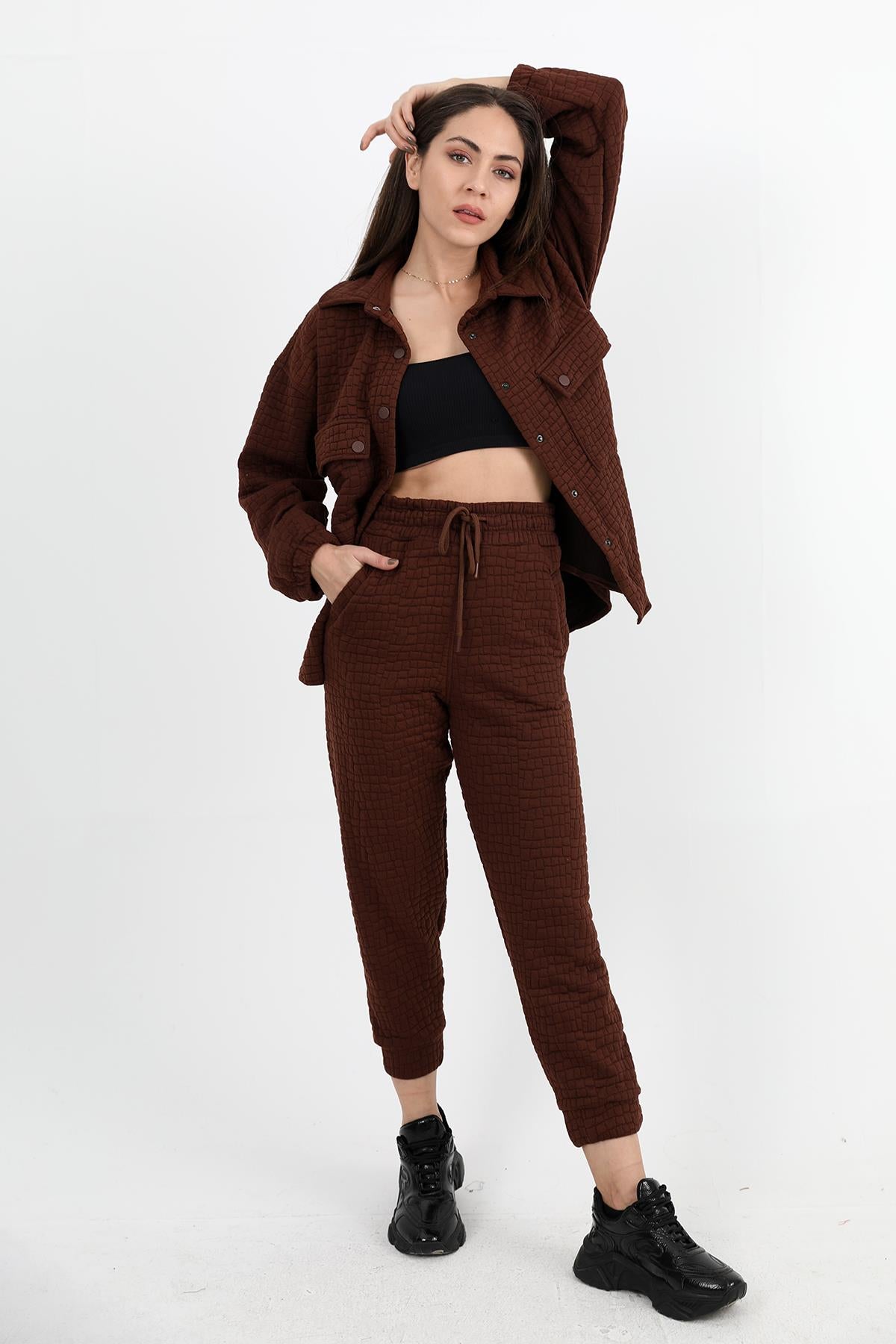 Women's Jacquard Quilted Double Set - Brown - STREETMODE ™