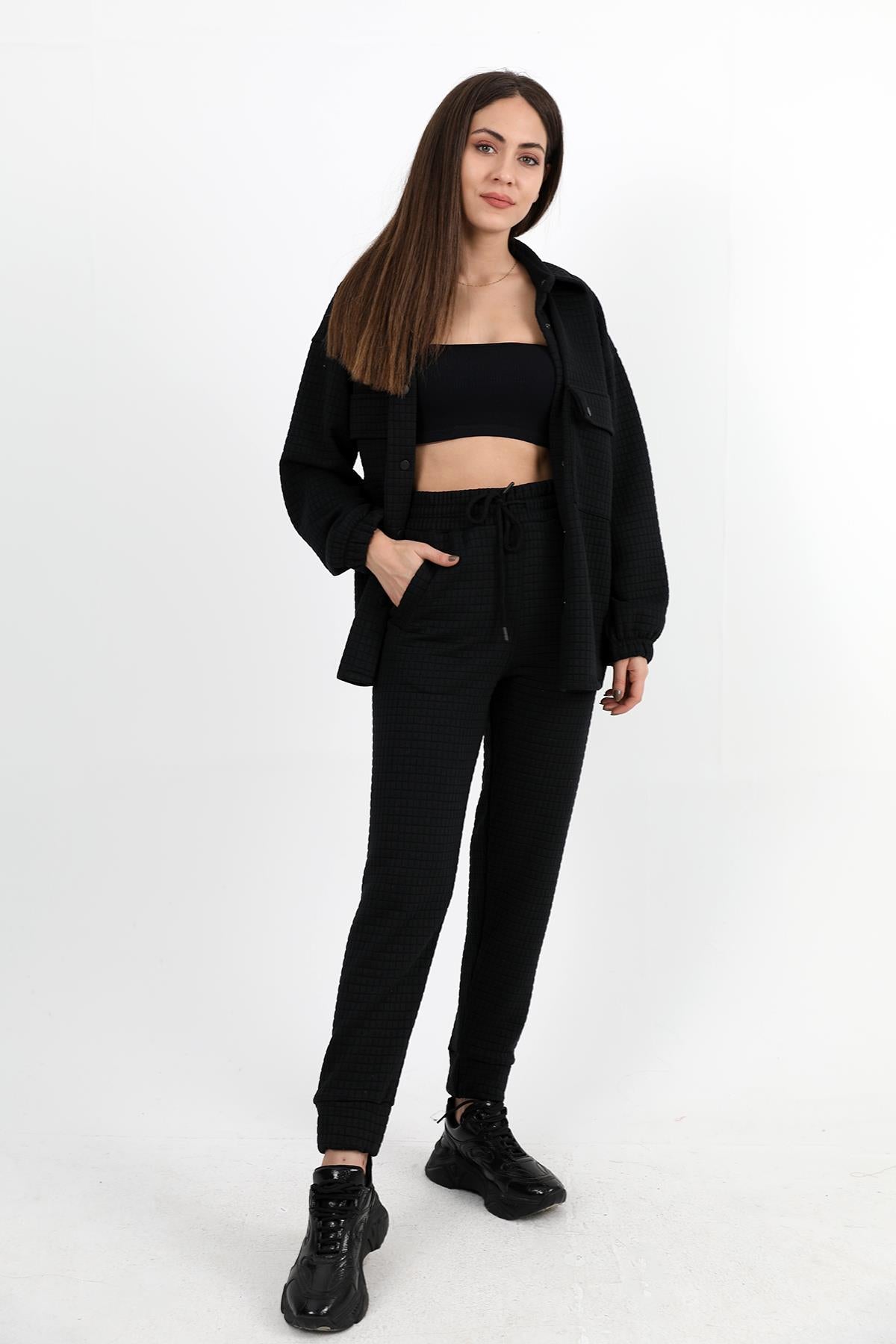 Women's Jacquard Quilted Two-piece Set - Black - STREETMODE ™