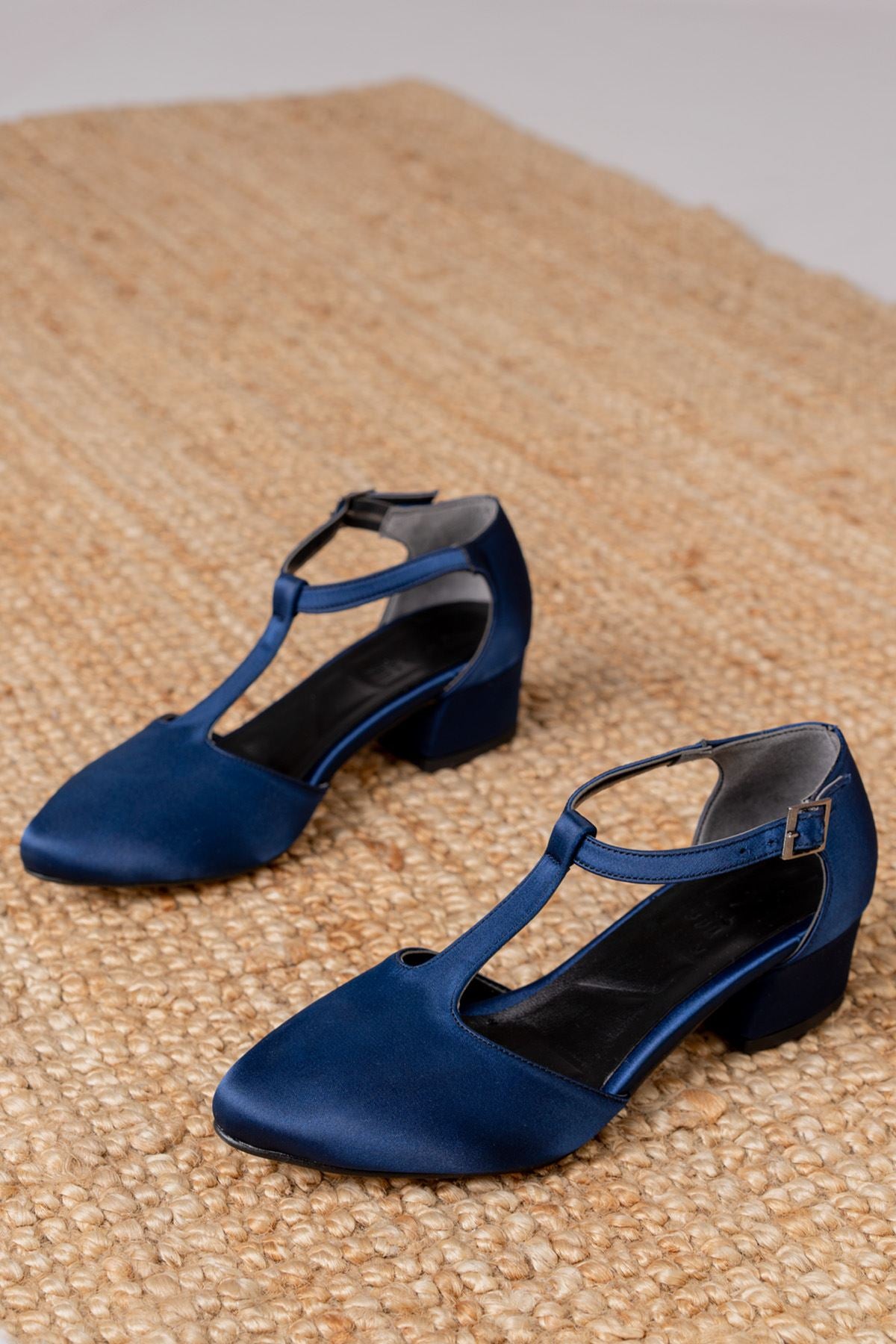 Navy Blue Satin Heeled Women's Shoes - STREETMODE ™