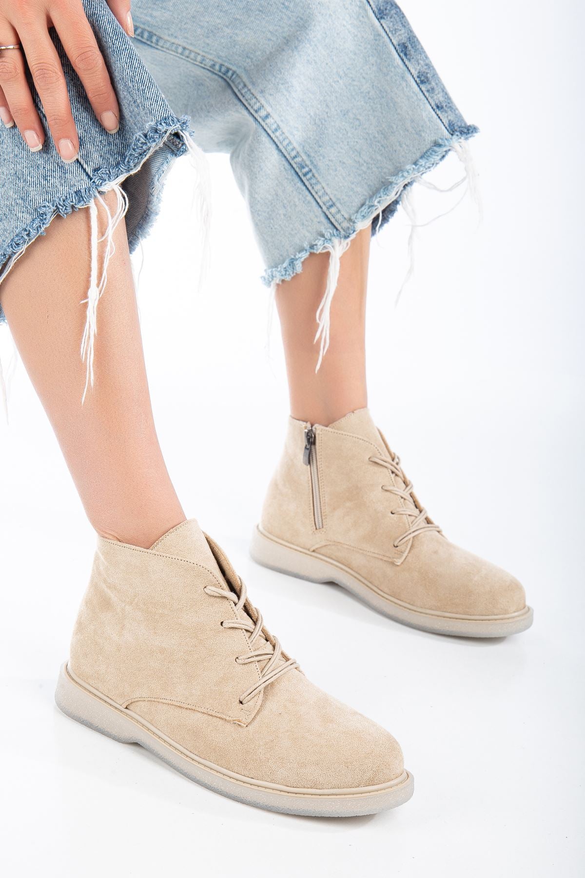 Cream Suede Lace-Up Transparent Sole Detailed Women's Boots