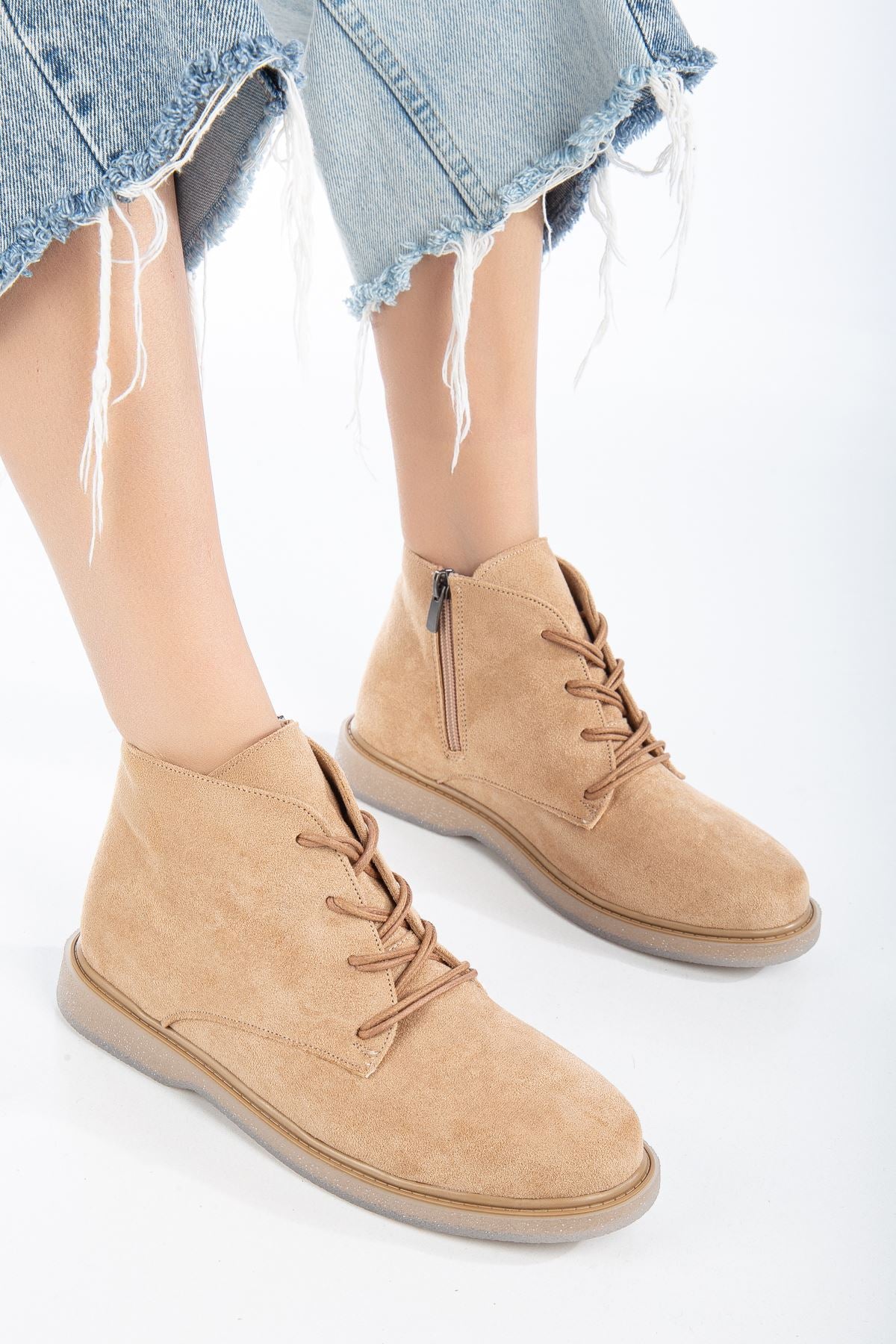 Nude Suede Lace-Up Transparent Sole Detailed Women's Boots