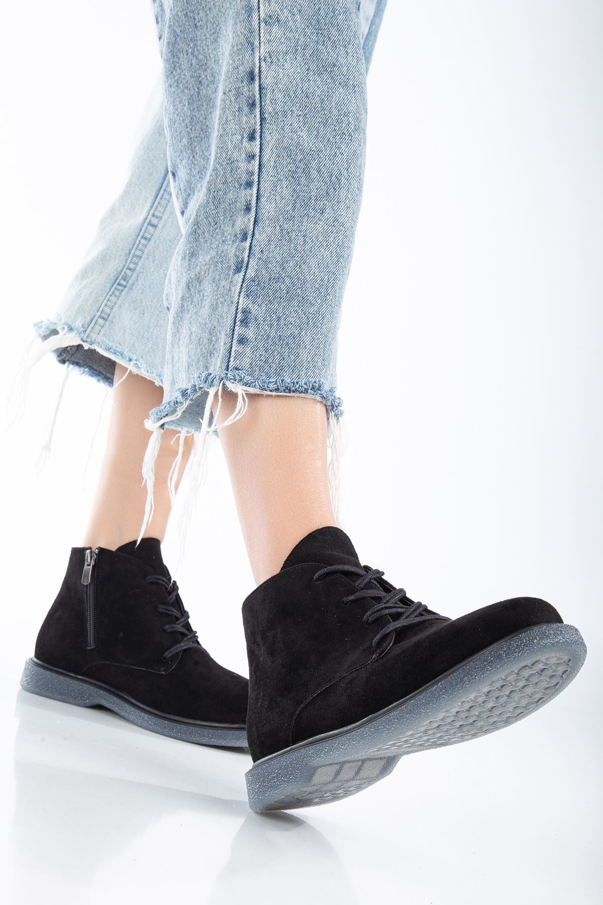 Black Suede Lace-Up Transparent Sole Detailed Women's Boots