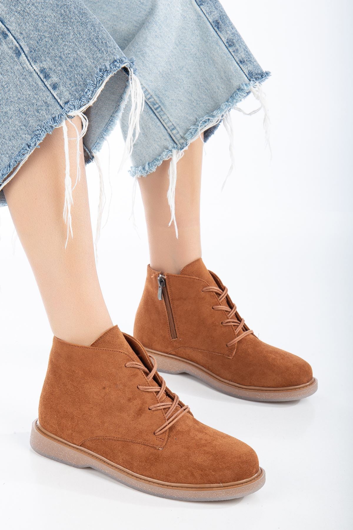 Brown Suede Lace-Up Transparent Sole Detailed Women's Boots