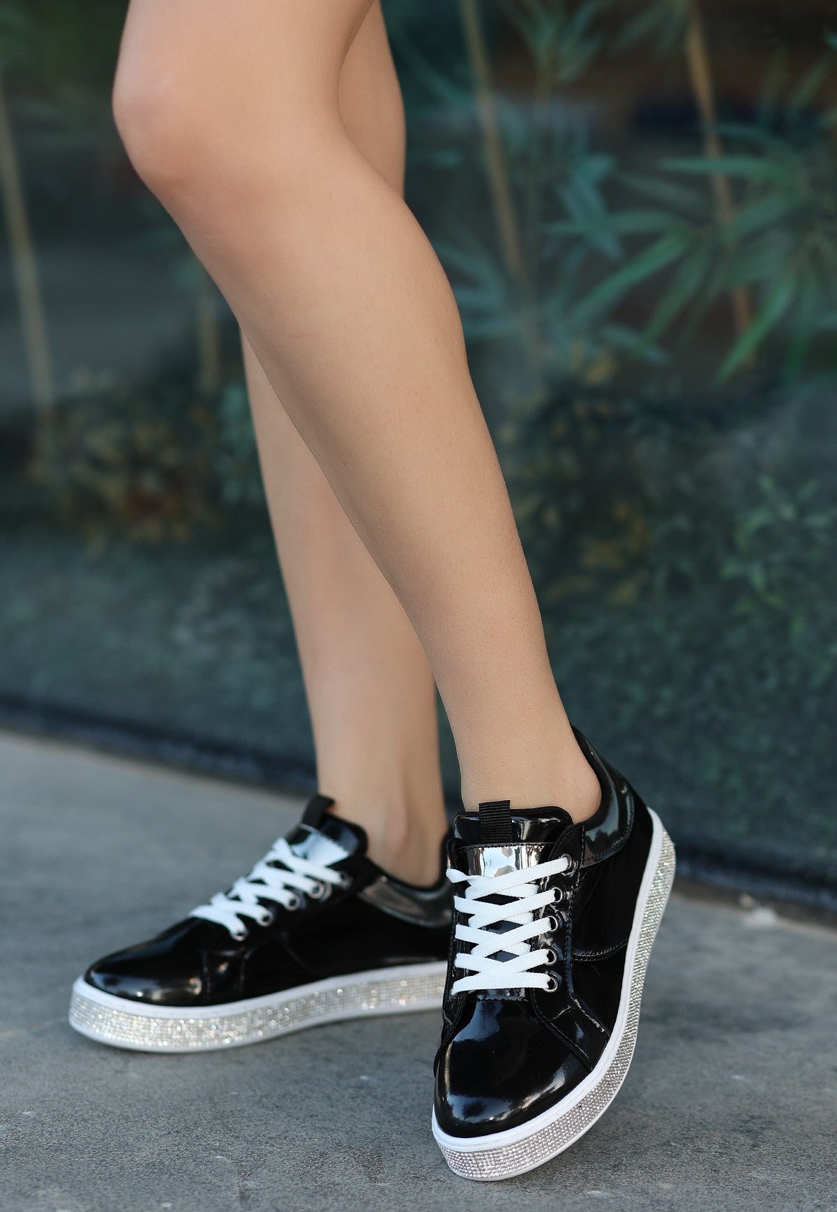 Women's Jeja Black Patent Leather Lace-Up Sports Shoes - STREETMODE ™