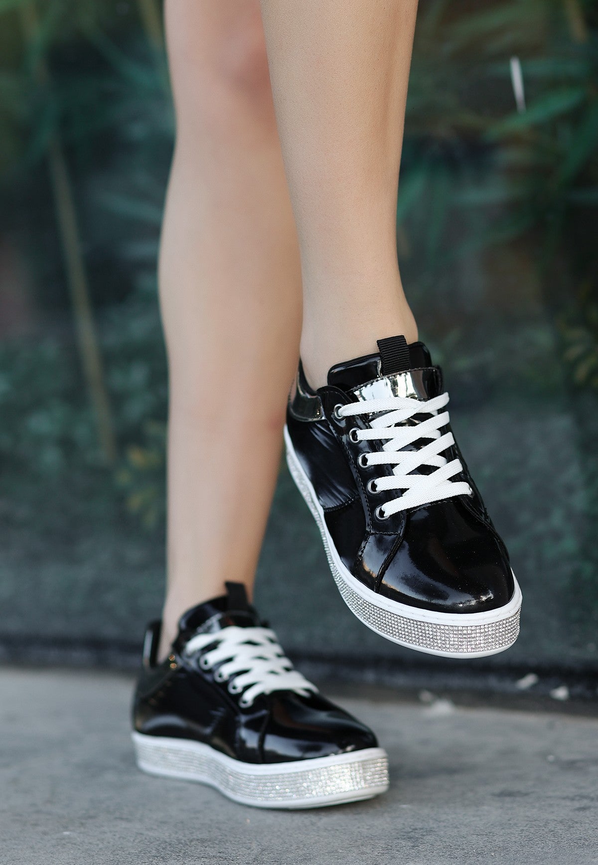 Women's Jeja Black Patent Leather Lace-Up Sports Shoes - STREETMODE ™