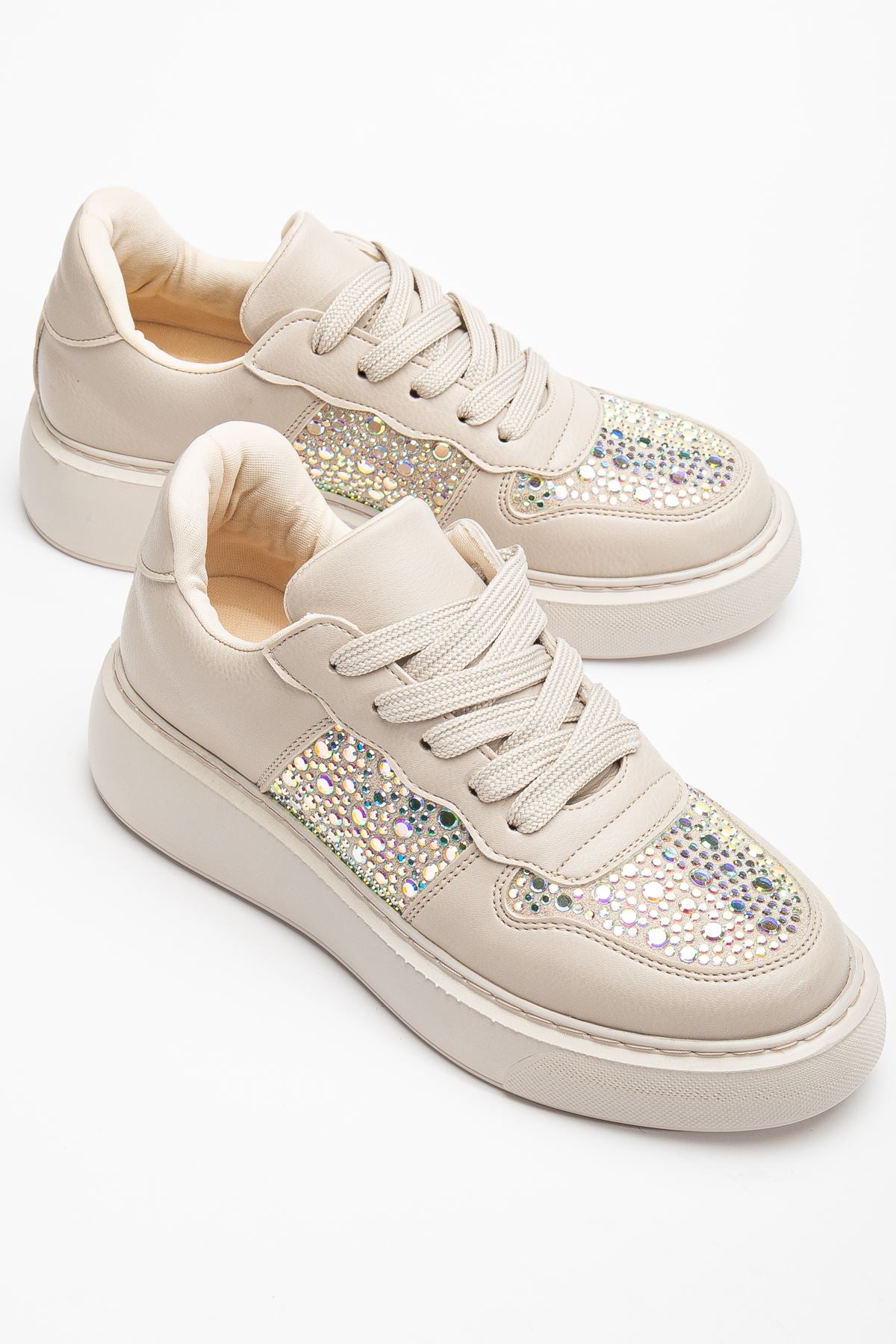 Women's Beige Leather Stoned Sneakers