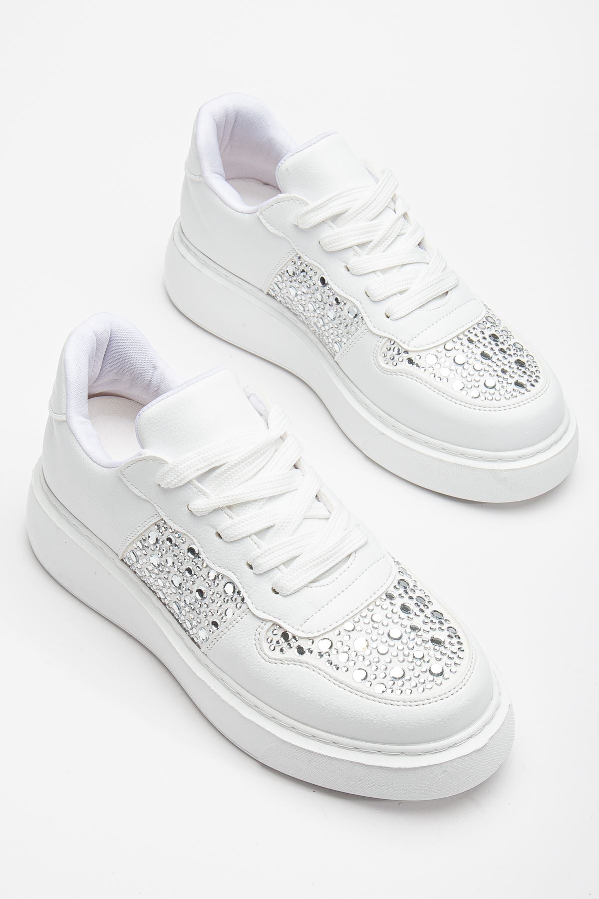 Women's White Leather Stoned Sneakers