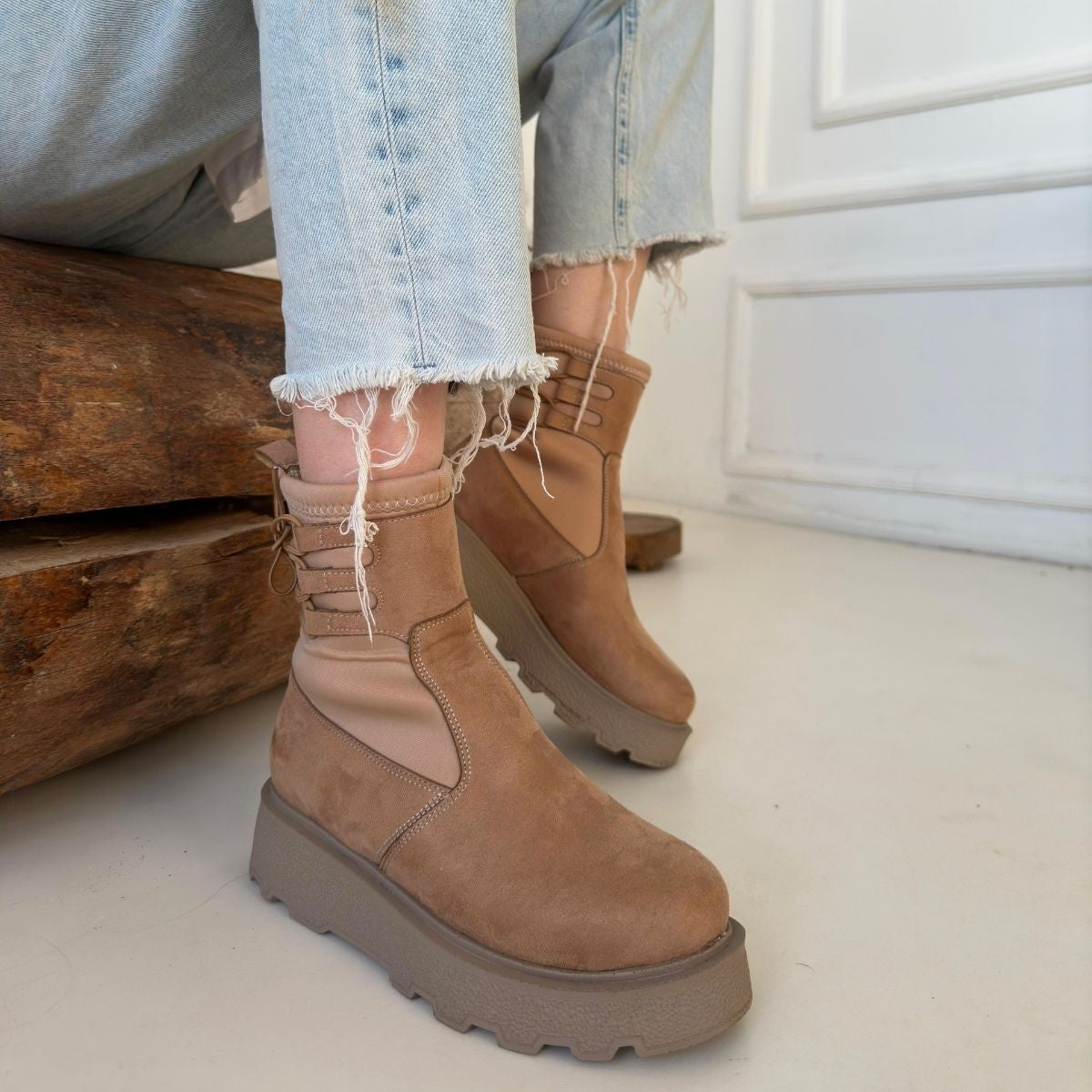 Women's Nude Suede Lace-Up Ankle Boots - STREETMODE ™