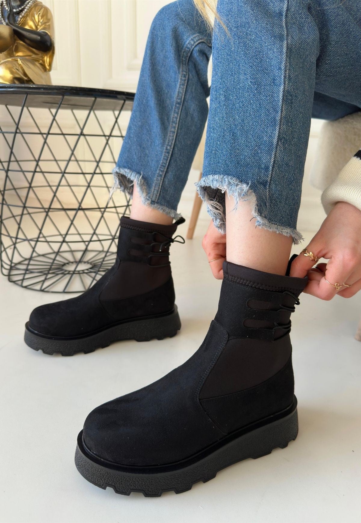 Women's Black Suede Lace-Up Ankle Boots - STREETMODE ™