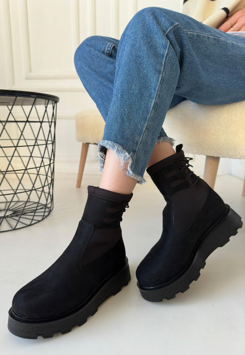 Women's Black Suede Lace-Up Ankle Boots - STREETMODE ™