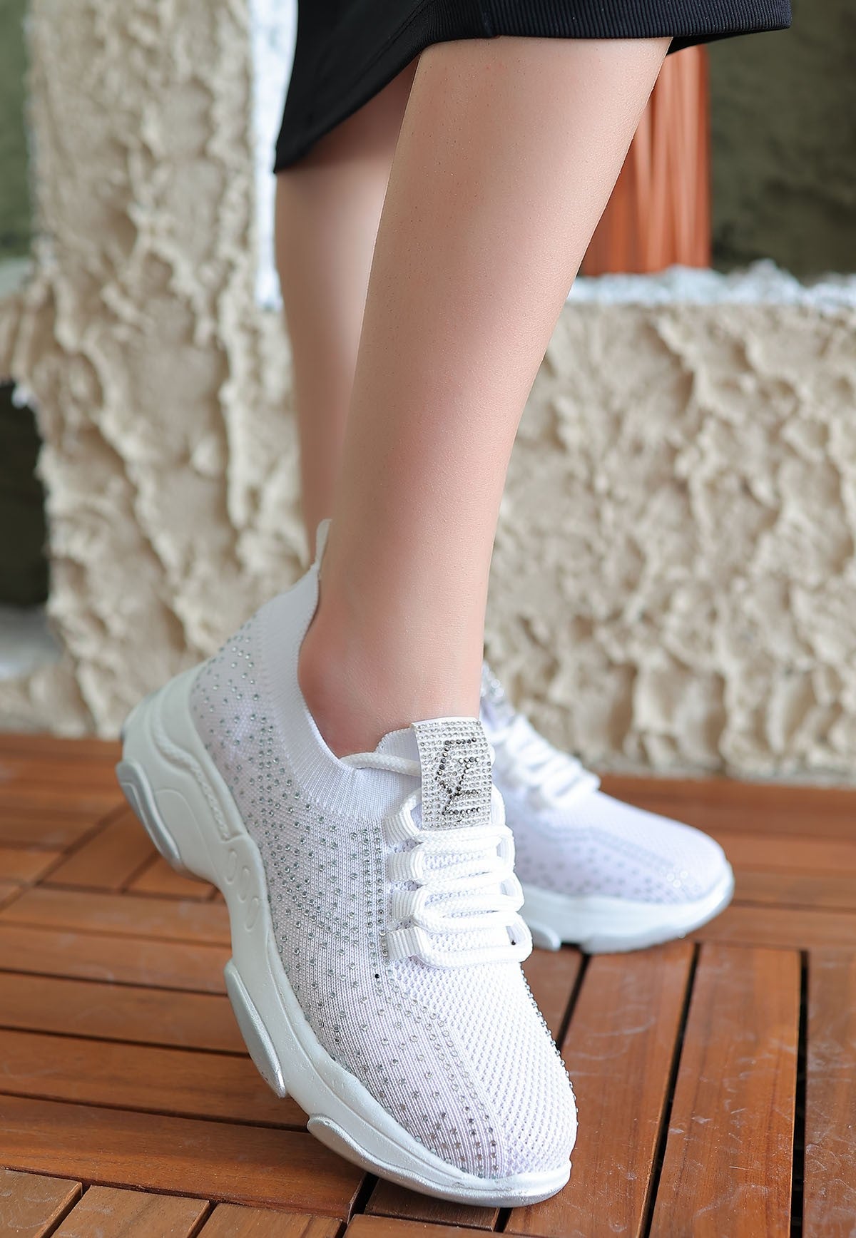 Women's White Knitwear Lace-Up Sports Shoes