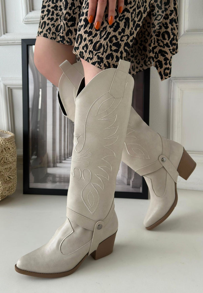 Women's Beige Skin Slip On Heeled Boots And Boots - STREETMODE ™