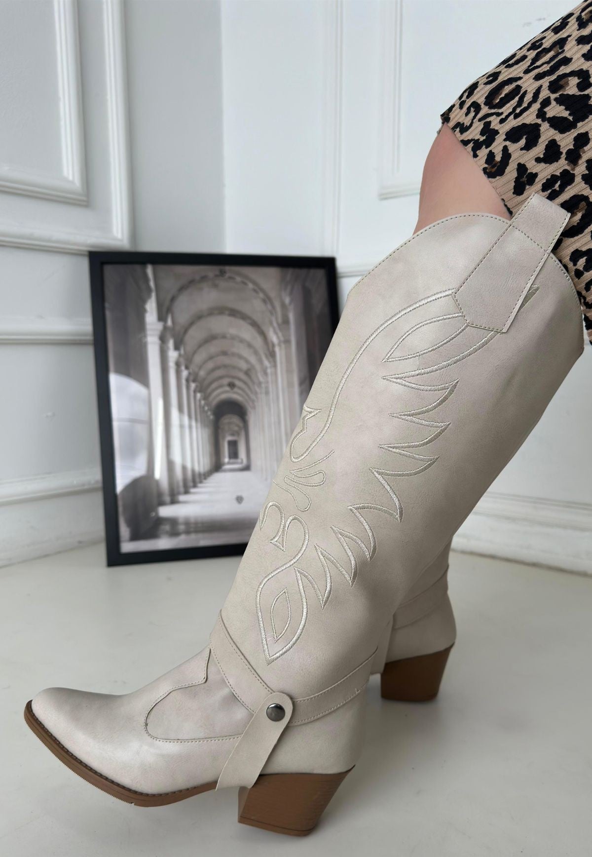 Women's Beige Skin Slip On Heeled Boots And Boots - STREETMODE ™