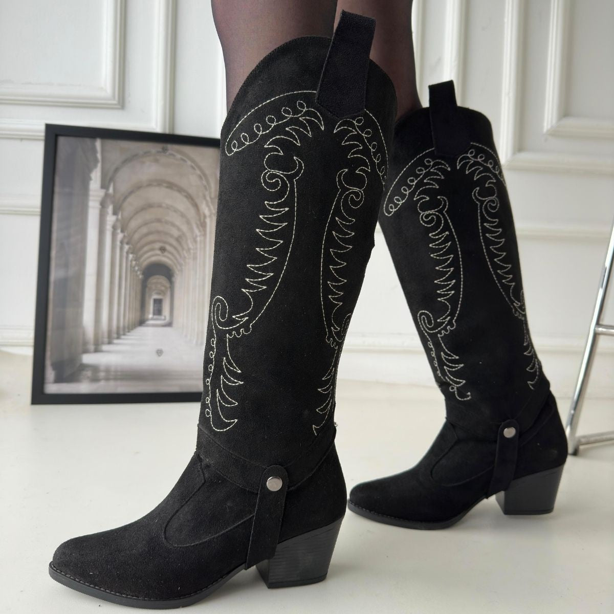 Women's Black Suede Slip-On High Heel Boots And Boots - STREETMODE ™