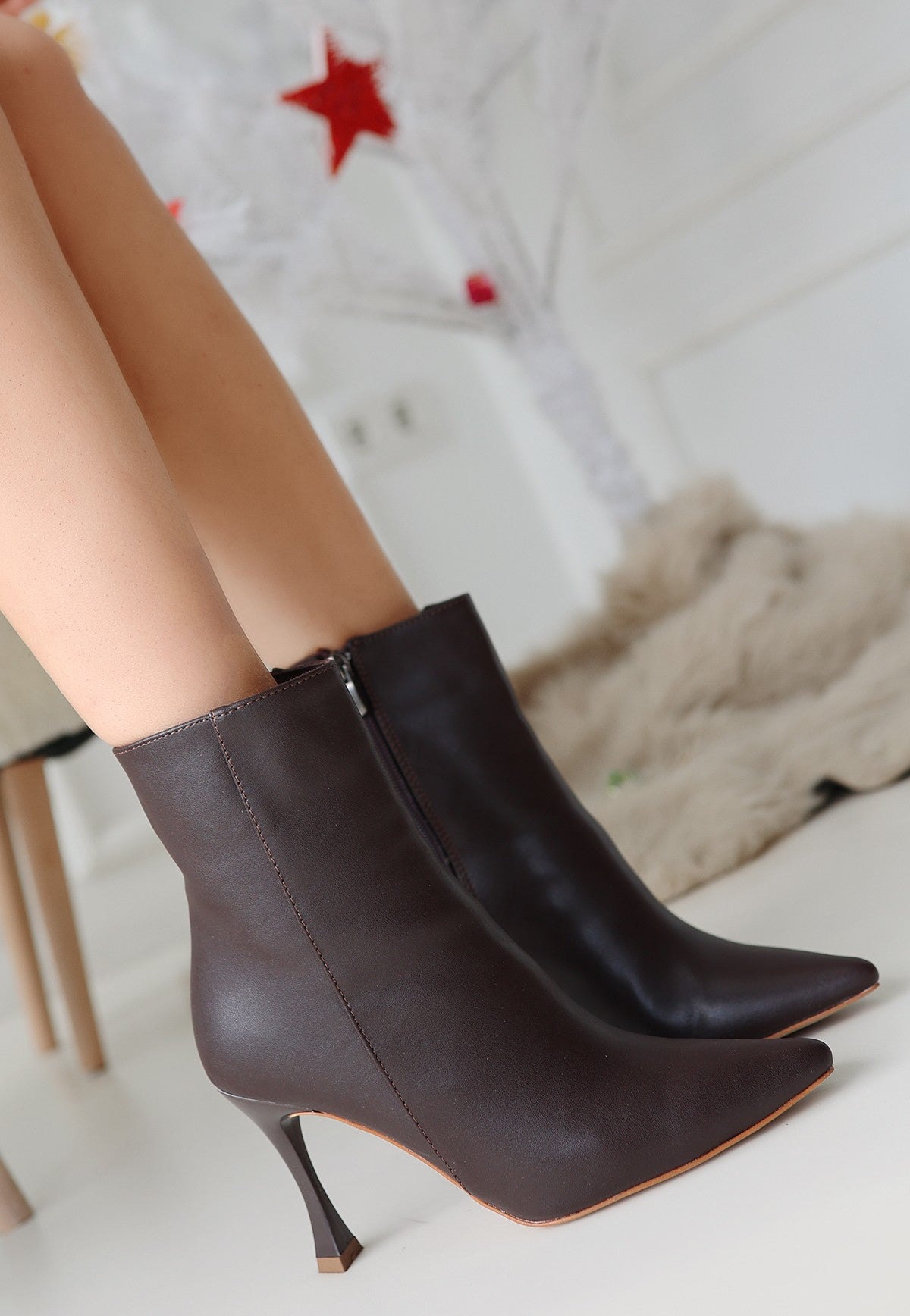 Women's Brown Leather High Heel Boots - STREETMODE ™