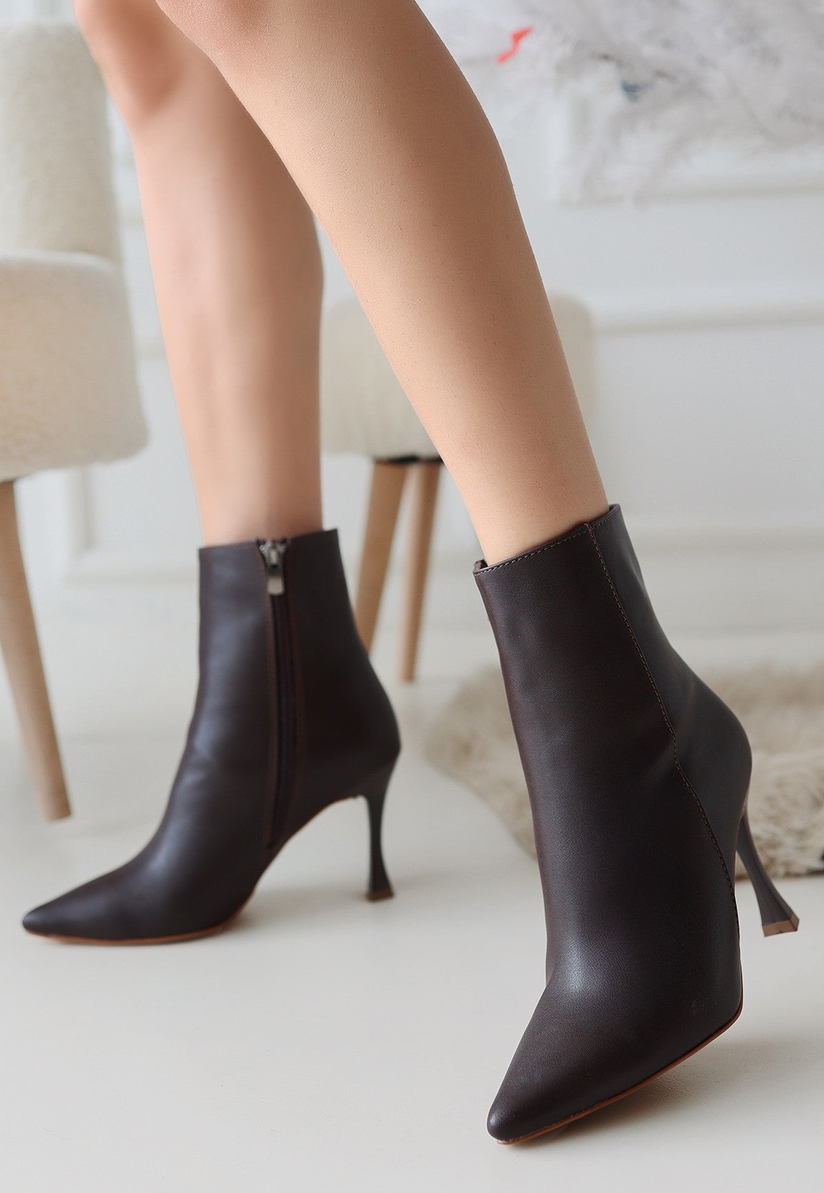 Women's Brown Leather High Heel Boots - STREETMODE ™