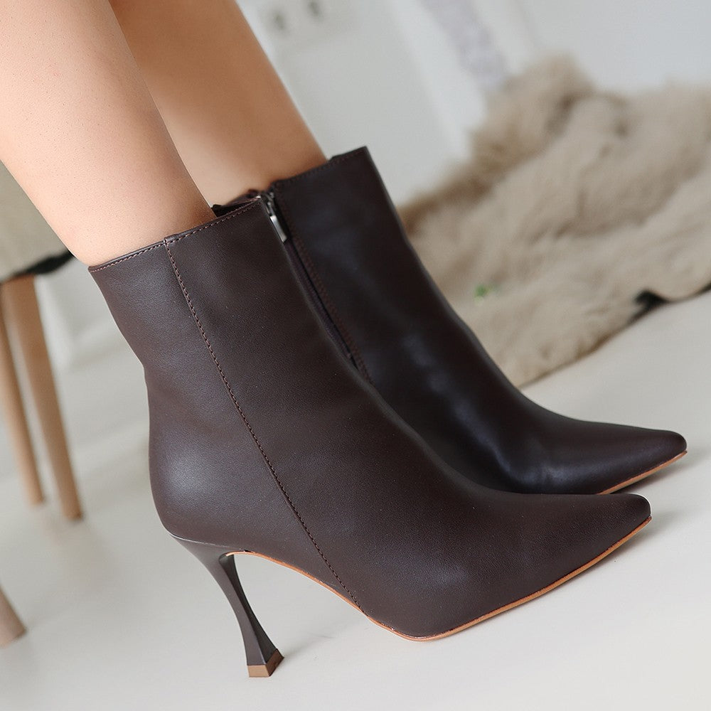 Women's Brown Leather High Heel Boots - STREETMODE ™