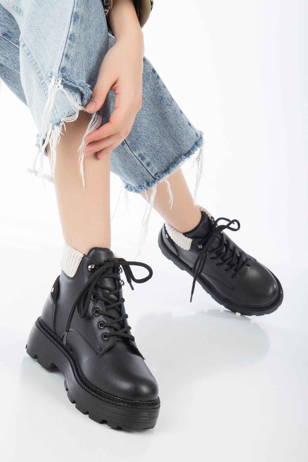 Black Leather Cat Lace Detail Women's Boots - STREETMODE ™