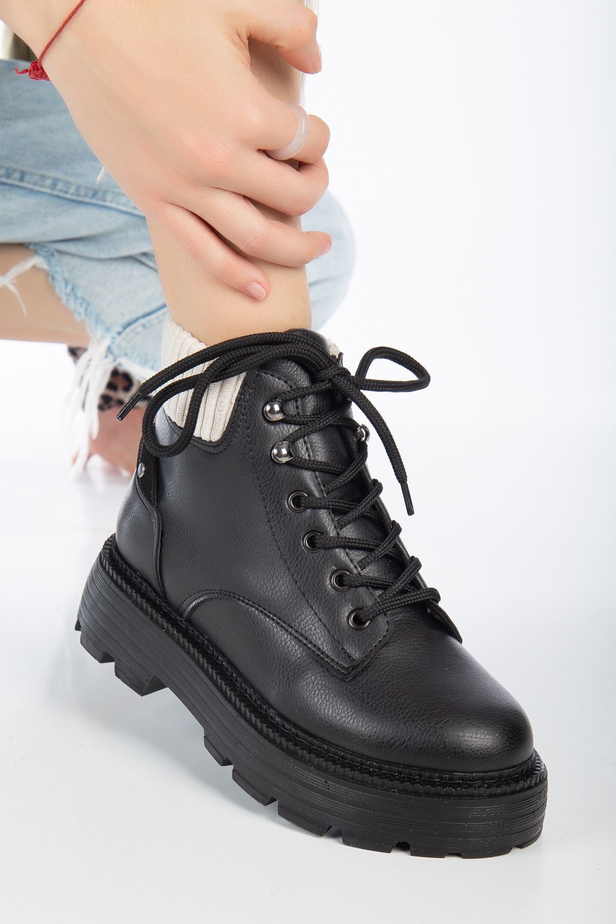 Black Leather Cat Lace Detail Women's Boots - STREETMODE ™