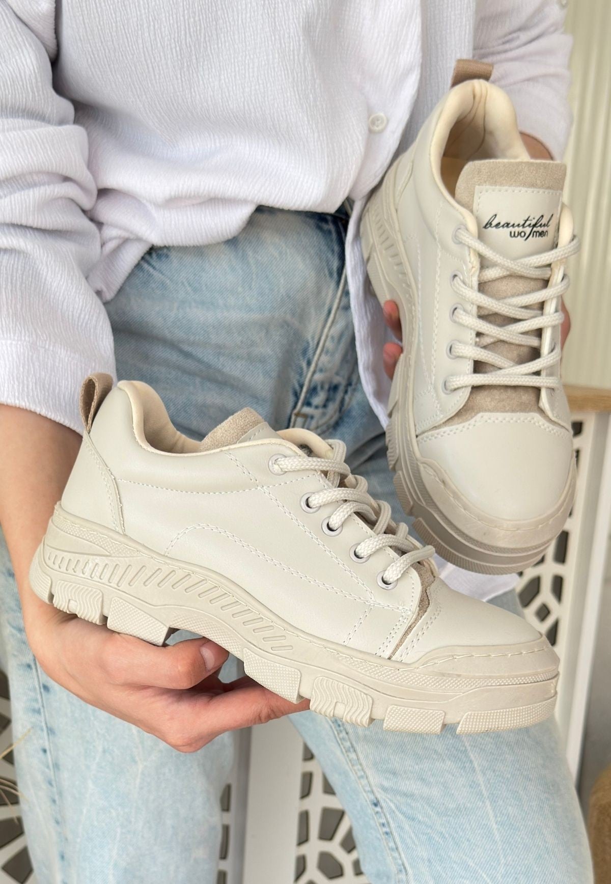 Women's Beige Leather Lace-Up Sneakers